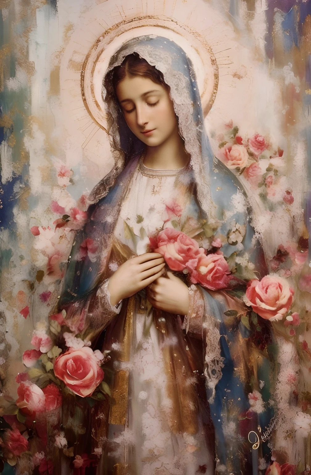 (((Blessed Virgin Mary. 19 years old))) (((IMAGEN VINTAGE RETRO))) ((( Con una cara seria y piadosa. Con una mirada dulce y tierna))) (obra maestra, calidad superior, mejor calidad, arte oficial, beautiful and aesthetic: 1.2), (1girl), extremadamente detallado, (Arte fractal: 1.3), colorido, highest detailed, Cara perfecta, parte superior del cuerpo, HDR, (orando: 1.3), (golden lines of white coat: 1.2), galaxia, (rayas de luz), eye-catching visuals, (dynamic stripes, senderos luminosos: 1.2), colores vibrantes,
