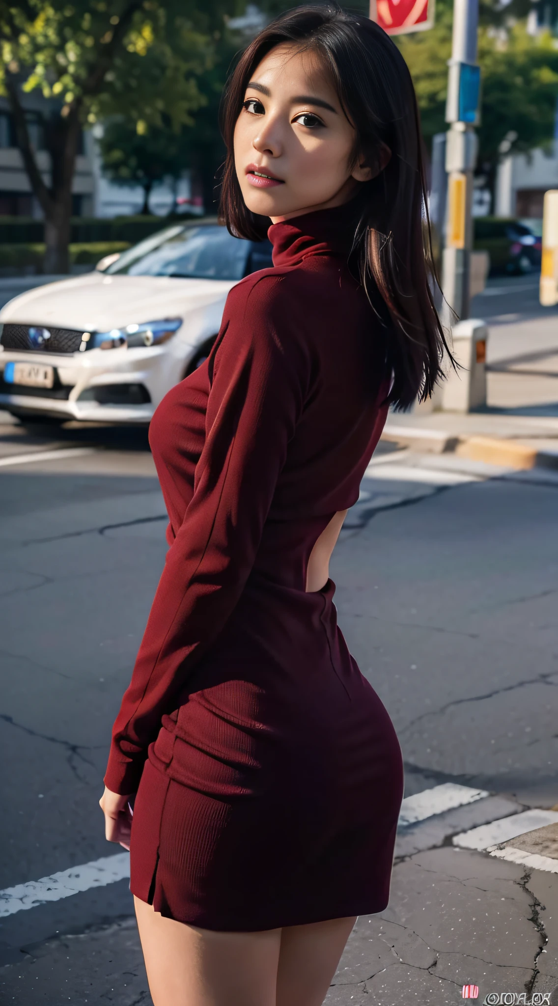 (Extremely detailed, parking lot, filigree, , plumw, Bigchest, huge tit,No milk， M cup, Raised sexy,1 woman in a red turtleneck dress, ，Take off your skirt：1.5，（The reveal panties），Refined face, largeaperture,full bodyesbian：1.8,Close-up of people，Shot on the back，ass focus
