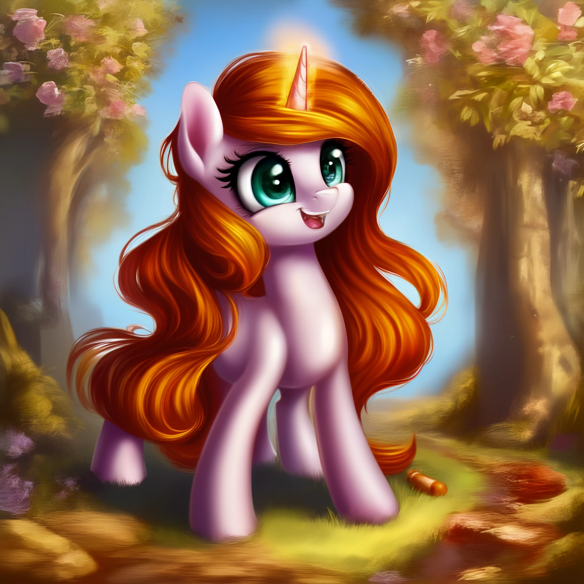 safe, digital painting,(e621_p_95), ((derpibooru_p_95)), 4k, a ((unicorn)) ((pony)), long orange hair with red stripes, turquoise eyes, pink fur, (cute), paint brush cutie mark, (detailed smiling pony face), ((full body)), detailed shading, ((shiny coat)), anatomically correct, (detailed eyes), (((solo))), detailed background, outside, magic, flat