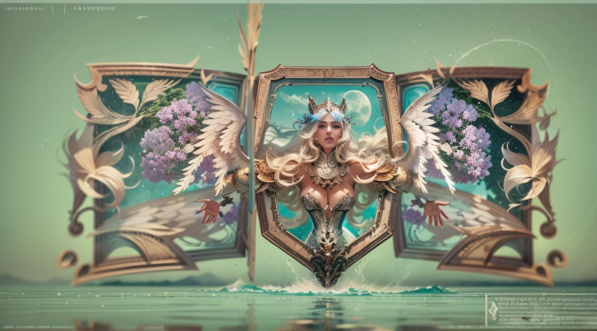 Em uma imagem cativante, Uma mulher elfa alta, de cabelo branco, olhos azuis, rosto feminino, (segurando uma espada e escudo), "(Directed by: Greg Rutkowski: 1.2), (master part), (melhor qualidade), extremamente delicado e bonito, illustration, (paisagem de fantasia), Uma paisagem de fantasia hipnotizante com elementos encantadores que se misturam perfeitamente. (Montanhas majestosas se erguem ao longe), adornado com flora vibrante e cachoeiras em cascata. The sky is flooded with shades of purple and gold, refletindo no lago tranquilo abaixo. A sense of tranquility and wonder fills the air, inviting exploration and discovery, profundidade de campo, HDR, intrincado, delicado"