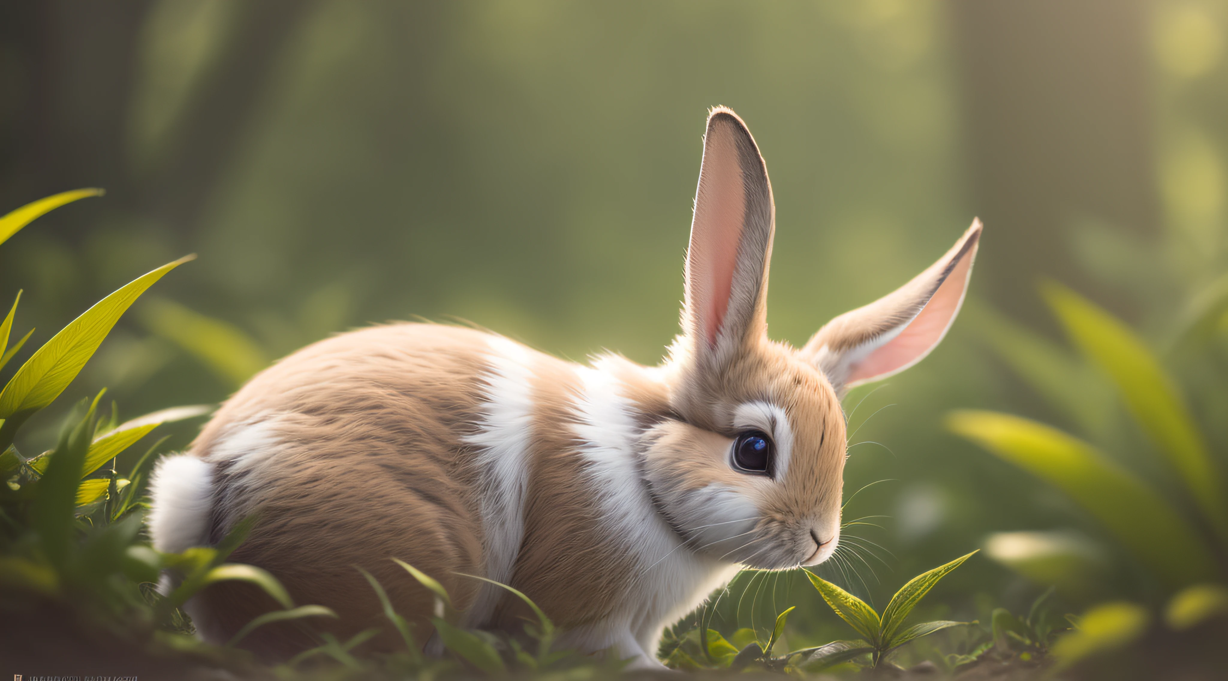 Close-up photo of a rabbit in the sunny forest,clean backdrop,depth of fields,largeaperture,photography of,during night,butterflys,volume fog,Halo,blooms,Dramatic atmosphere,at centre,the rule of thirds,200mm 1.4F macro shooting