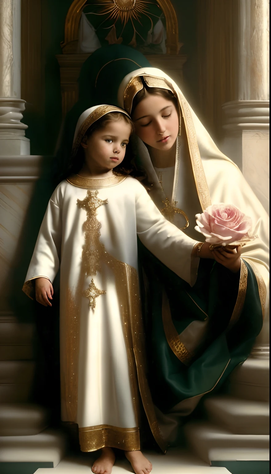 (((Blessed Virgin Mary and Child Jesus. 19 years old))) (((IMAGEN VINTAGE RETRO))) ((( Con una cara seria y piadosa. Con una mirada dulce y tierna))) (obra maestra, calidad superior, mejor calidad, arte oficial, beautiful and aesthetic: 1.2), (1girl), extremadamente detallado, (Arte fractal: 1.3), colorido, highest detailed, Cara perfecta, parte superior del cuerpo, HDR, (orando: 1.3), (golden lines of white coat: 1.2), galaxia, (rayas de luz), eye-catching visuals, (dynamic stripes, senderos luminosos: 1.2), colores vibrantes,