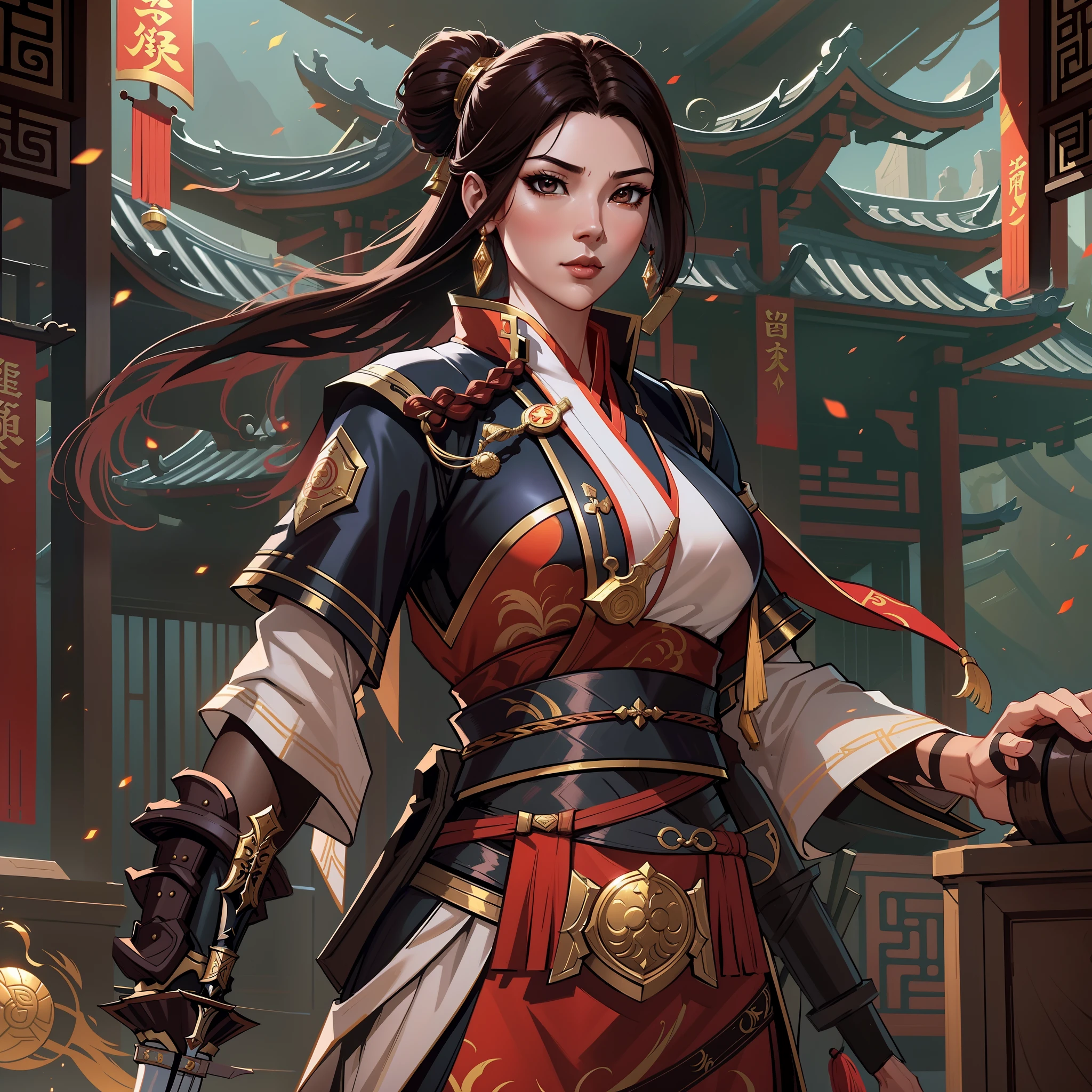 a close up of a strong amazon woman in her 30's, with brown eyes and brown hair, wearing a black and red assassin's clothes, a heroine with brown eyes, female holding katana, mage with shadow magic, standing in a chinese temple, new costume concept design, in the style of blade and soul, full body character concept, detailed character design, inspired by Yang Jin, inspired by Li Mei-Shu, chinese costume, inspired by Lan Ying, inspired by Sim Sa-Jeong, inspired by Li Tang, lunar themed attire, costume with gold accents, inspired by Ju Lian, colored concept art, highly detailed character design, highly detailed face, inspired by Ai Xuan, very highly detailed face, unreal engine render, final fantasy 14 style, inspired by Leng Mei
