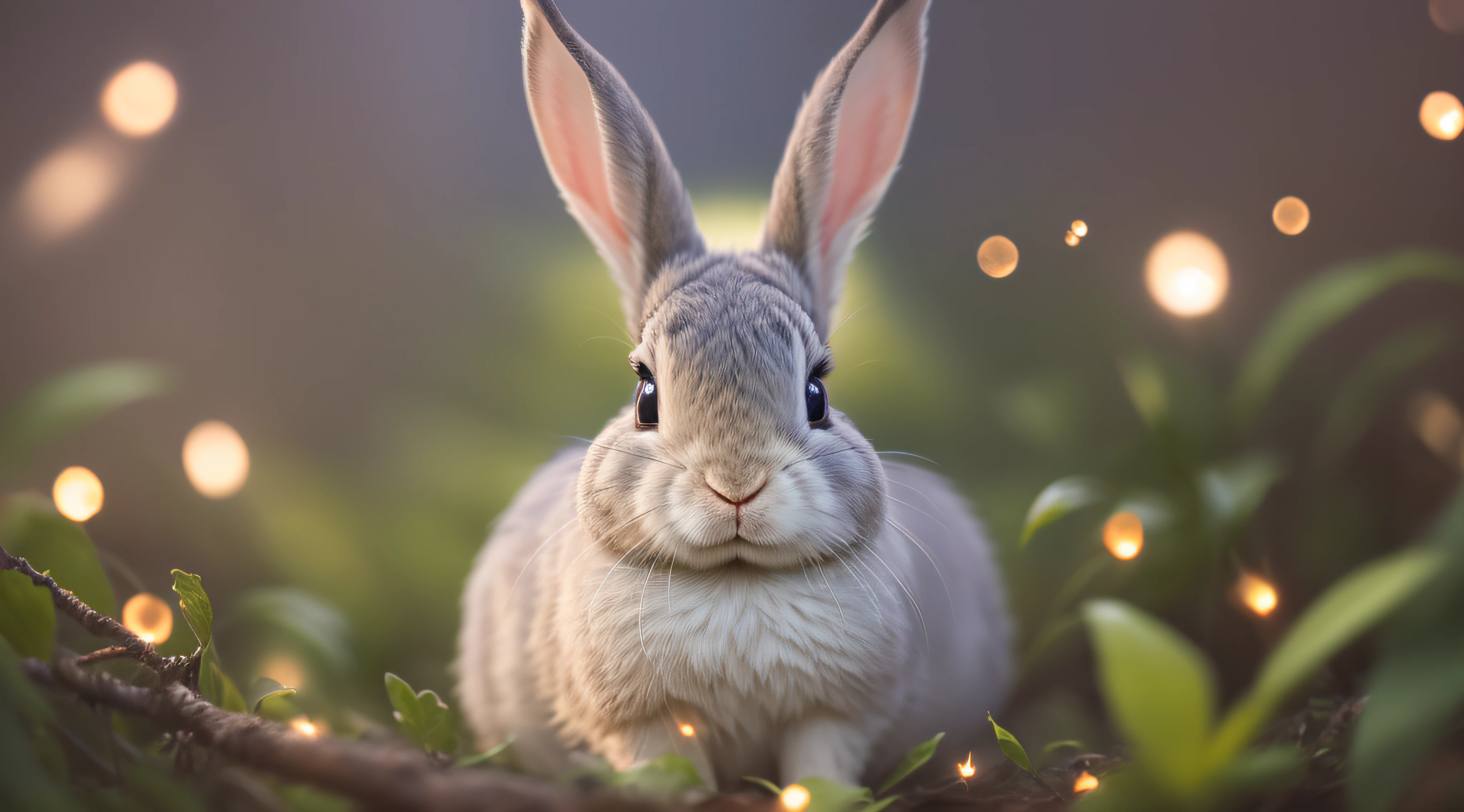 Close up photo of a rabbit in enchanted forest, clean background, depth of field, large aperture, photography, night, fireflies, volumetric fog, halo, bloom, dramatic atmosphere, center, rule of thirds, 200mm 1.4f macro shot