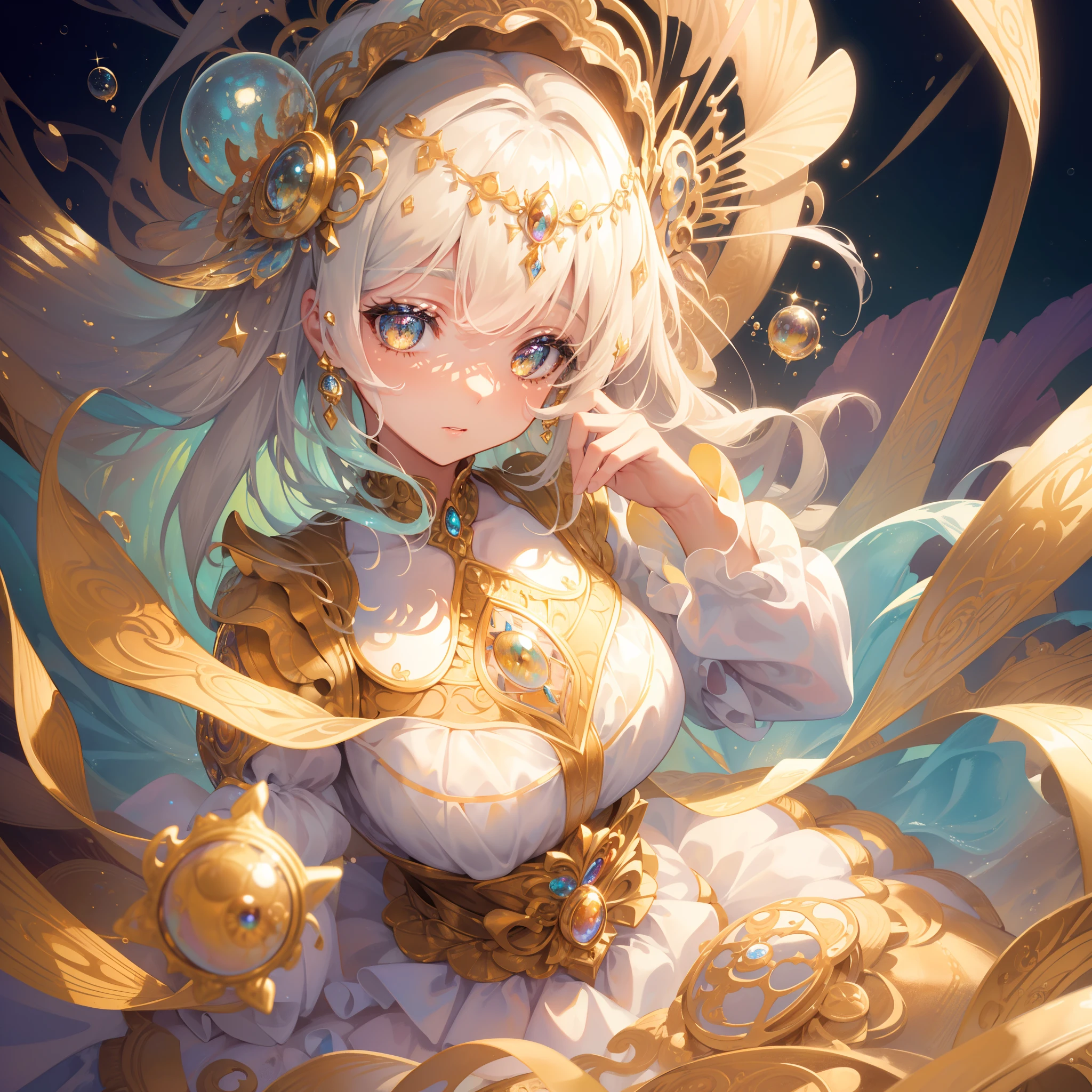 masterpiece, best quality, 8k resolution, sharp focus, intricate detail, beautiful girl, sparkling eyes, golden ratio face, otherworldly liquid, watercolor, warm colors, bright colors, whimsical, colorful, sharp focus, high resolution, fine detail, ((layered tiered puffy long sleeves ballgown)), ((round eyes)), iridescent bubbles, fantasia background