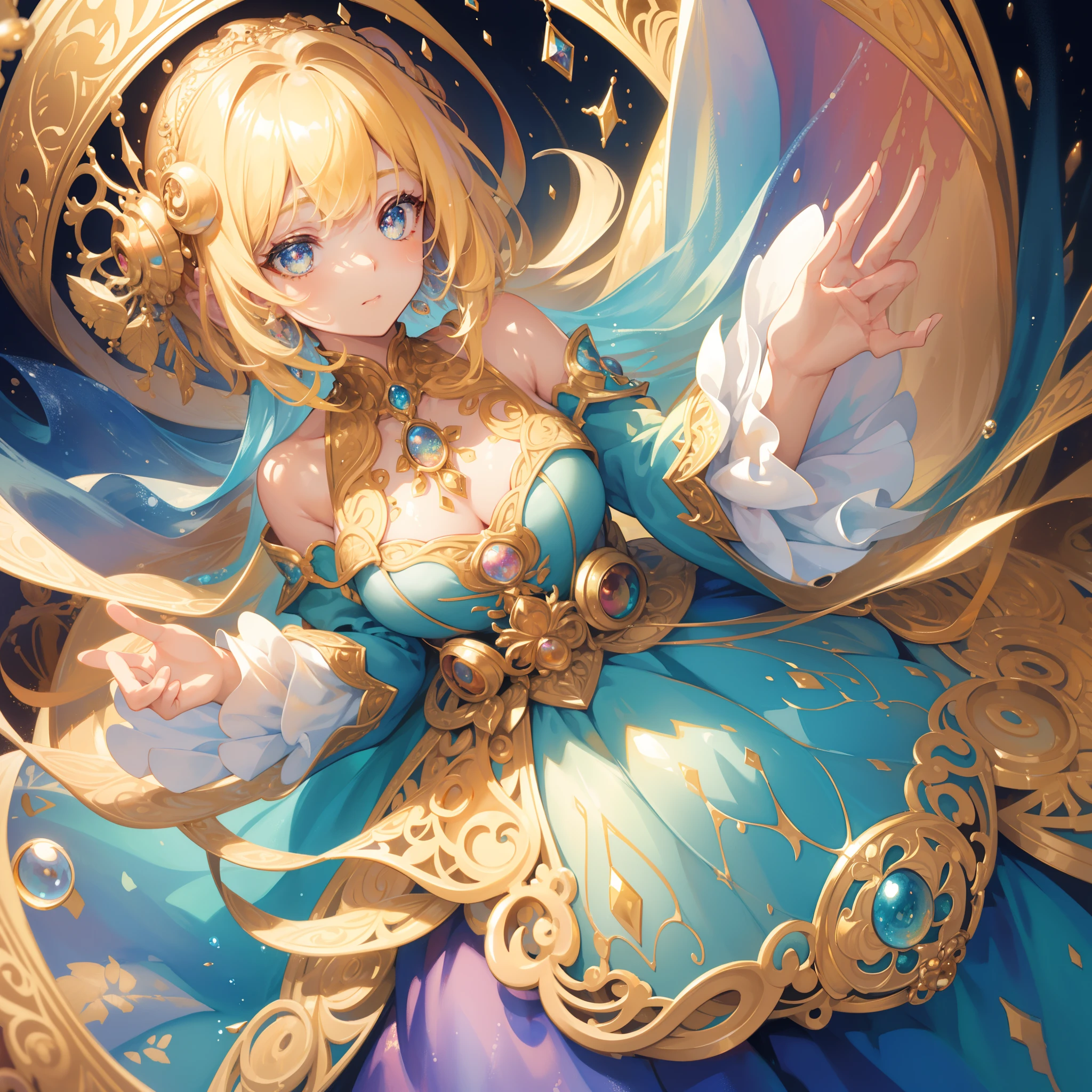 masterpiece, best quality, 8k resolution, sharp focus, intricate detail, beautiful girl, sparkling eyes, golden ratio face, otherworldly liquid, watercolor, warm colors, bright colors, whimsical, colorful, sharp focus, high resolution, fine detail, ((layered tiered puffy long sleeves ballgown)), ((round eyes)), iridescent bubbles, fantasia background