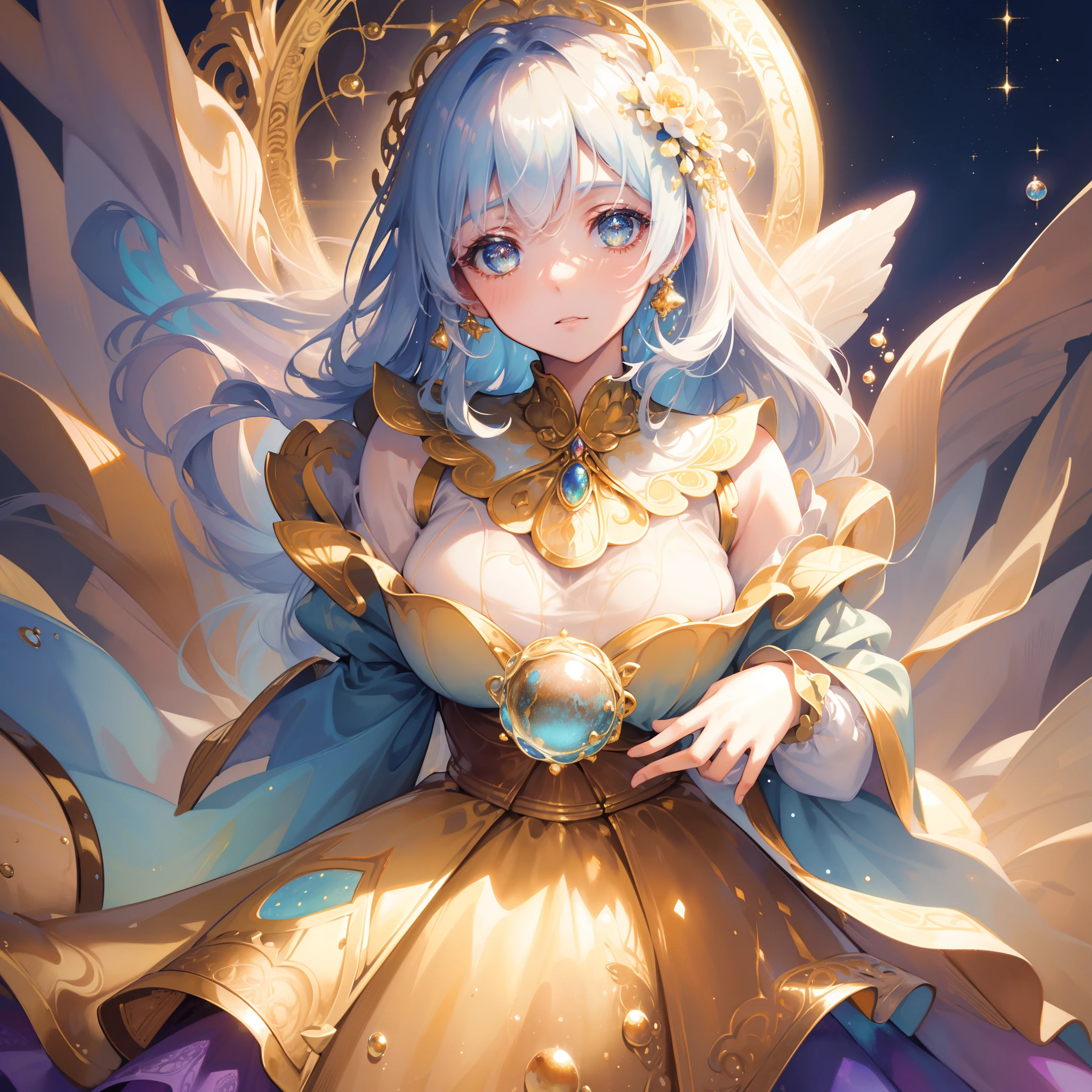 masterpiece, best quality, 8k resolution, sharp focus, intricate detail, beautiful girl, sparkling eyes, golden ratio face, otherworldly liquid, watercolor, warm colors, bright colors, whimsical, colorful, sharp focus, high resolution, fine detail, ((layered tiered puffy long sleeves ballgown)), ((round eyes)), iridescent bubbles, fantasia background