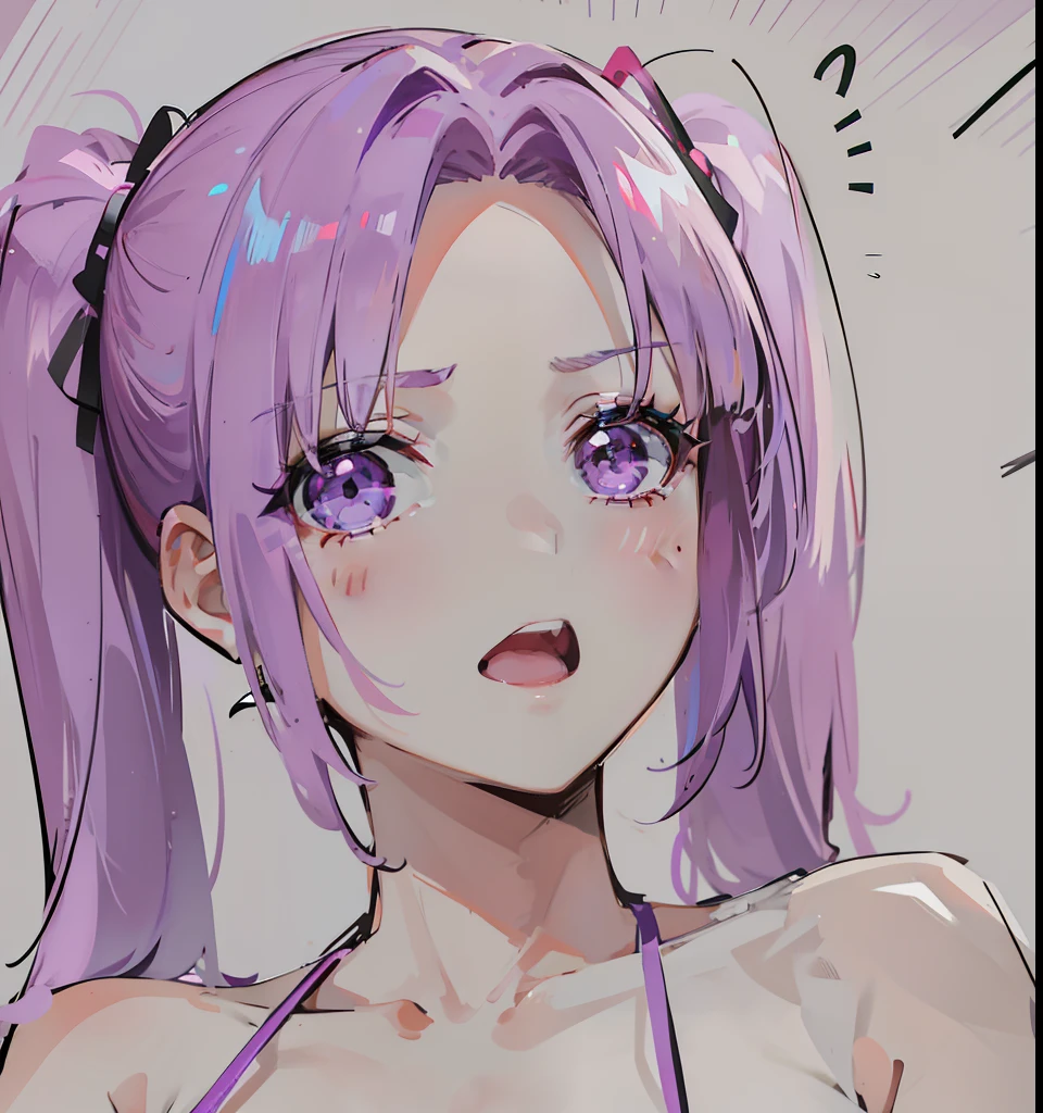 There are no bangs on the forehead,Magenta hair,Short double ponytail,Figure-eight bangs block the left and right sides of the face,Cute looking,Small face shape,Wearing a cute purple and white dress,This is a sweet girl type,Cute cute girl