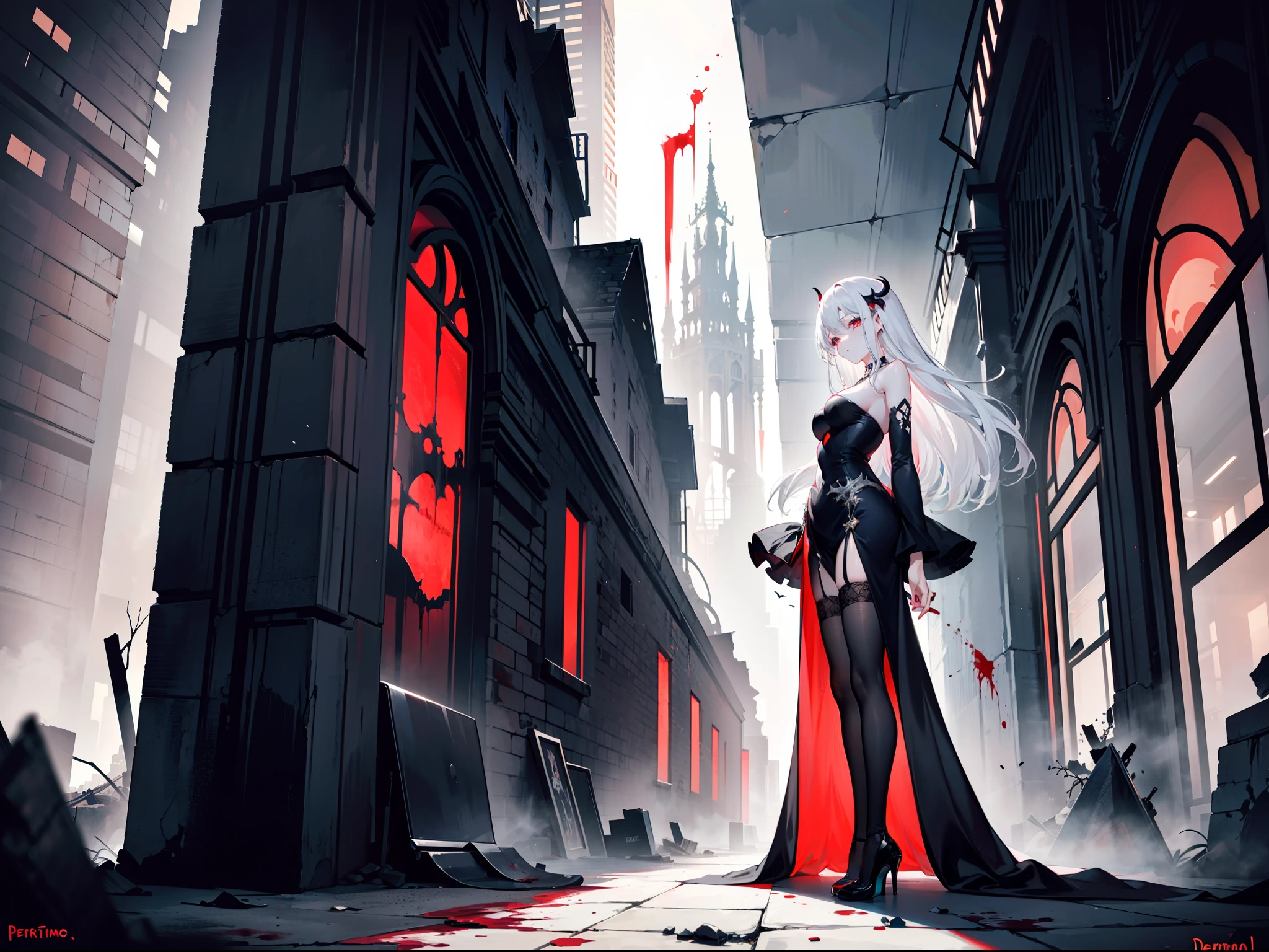 Beautiful girl with white hair，Extremely tall，Thin，Wearing a black dress，black lence stockings，Extremely high black heels，face expressionless，Sick，red pupils，Be covered in blood，Standing among the ruins of a city covered with corpses，Perverted murderer，The demons