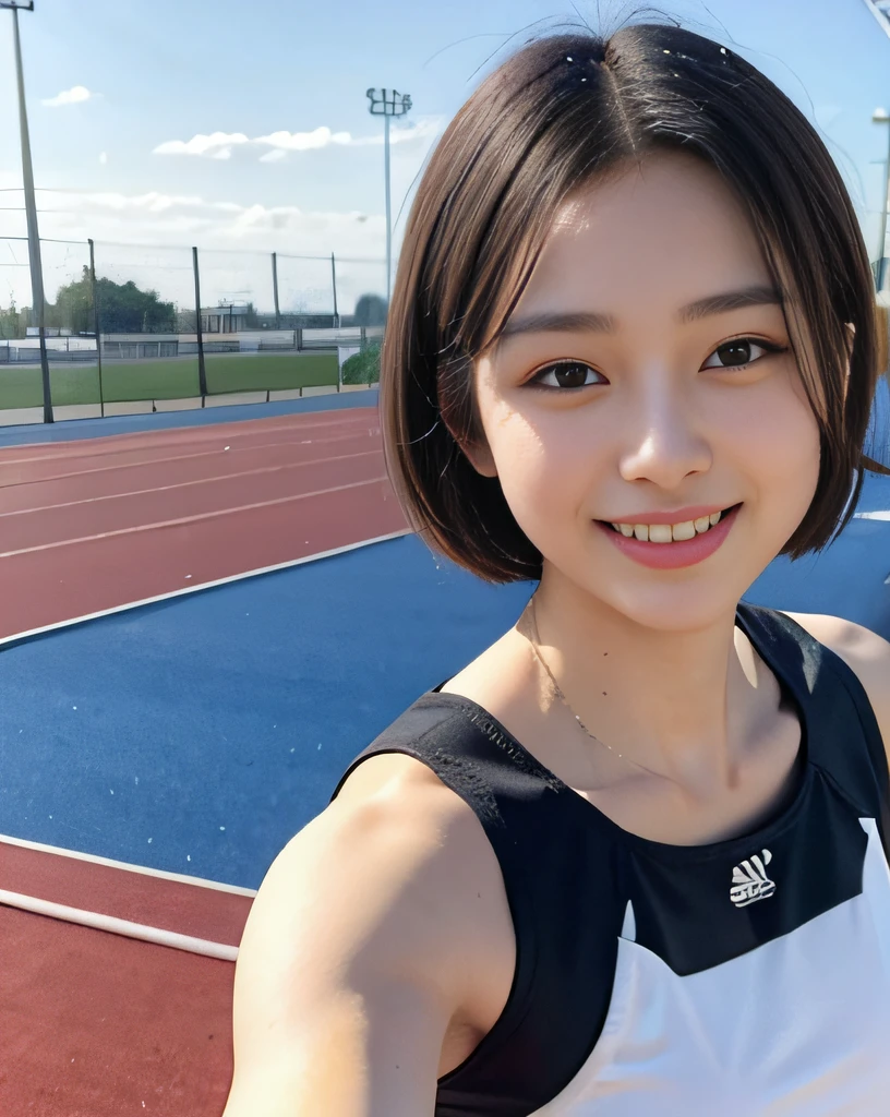 zydG, 1girls, Front view, stand, looking the viewer, exposed skin, (from below),brown-eyed, (brown very short hair:1.2), (light hair), (medium breasts:1.4), smile with white teeth, (photorealestic:1.4), (Top image quality:1.0), (UltraHighResolution:1.0), 8K, Raw photography, (A masterpice:0.2), track and field uniforms, show abs, (sweat, wetty:1.1), portlate, facefocus, ful body,(pureerosface_v1:0.5), outdoor, track and field,