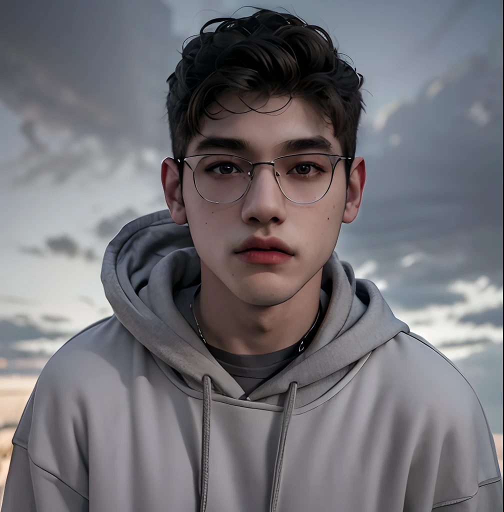 (masterpiece:1.2), (best quality:1.2), hyper realistic,highestres,absurdres,extremely detailed,volumetic,dramatic lighting,(frontal view),
20 year old boy,face,detailed eyes, gray hoodie, black t-shirt, with background ((sky))