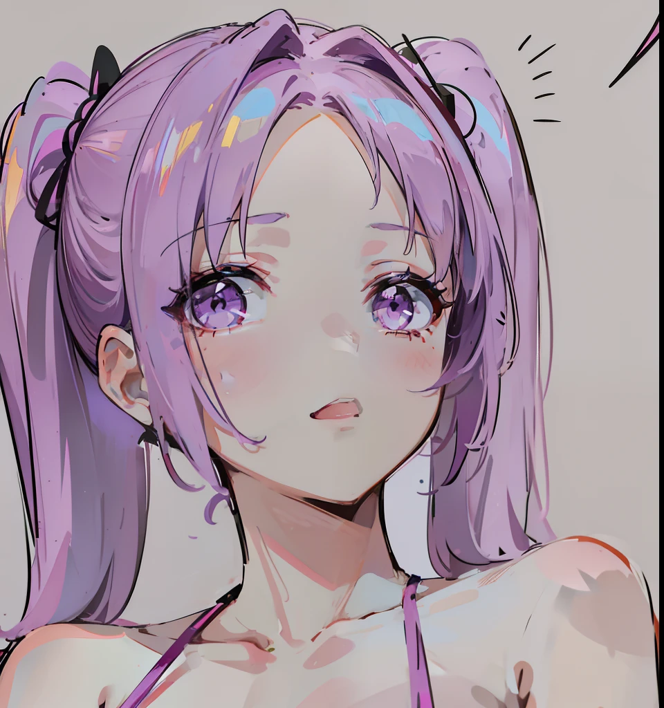 There are no bangs on the forehead,Magenta hair,Short double ponytail,Figure-eight bangs block the left and right sides of the face,Cute looking,Small face shape,Wearing a cute purple and white dress,This is a sweet girl type,Cute cute girl