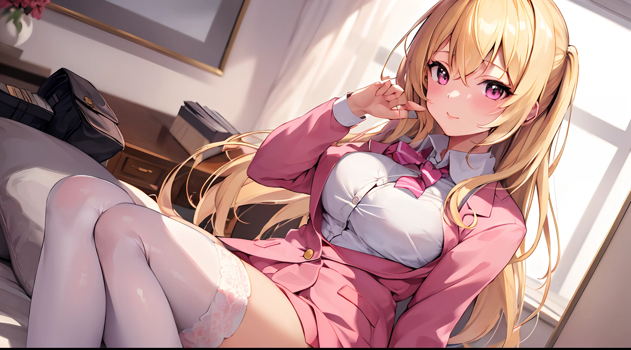 masterpiece, high quality, 1girl, gyaru, blonde hair, pink eyes, school uniform, thighhighs, pink bra