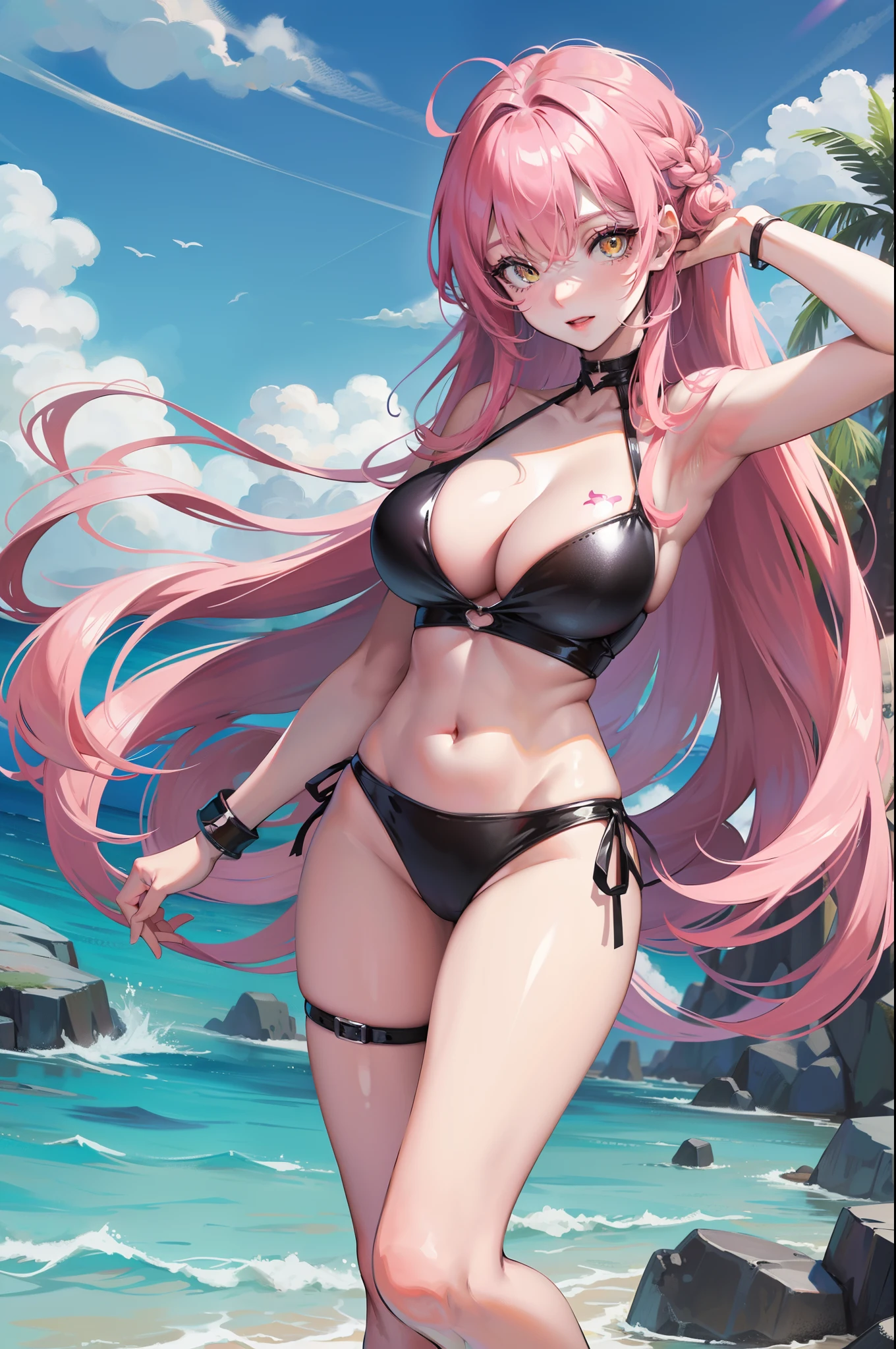 On the beach,Playing with your posture,A pink-haired,Yellow eyes,very seductive,Detailed digital anime art,Blue swimsuit,big breasts beautiful,Need