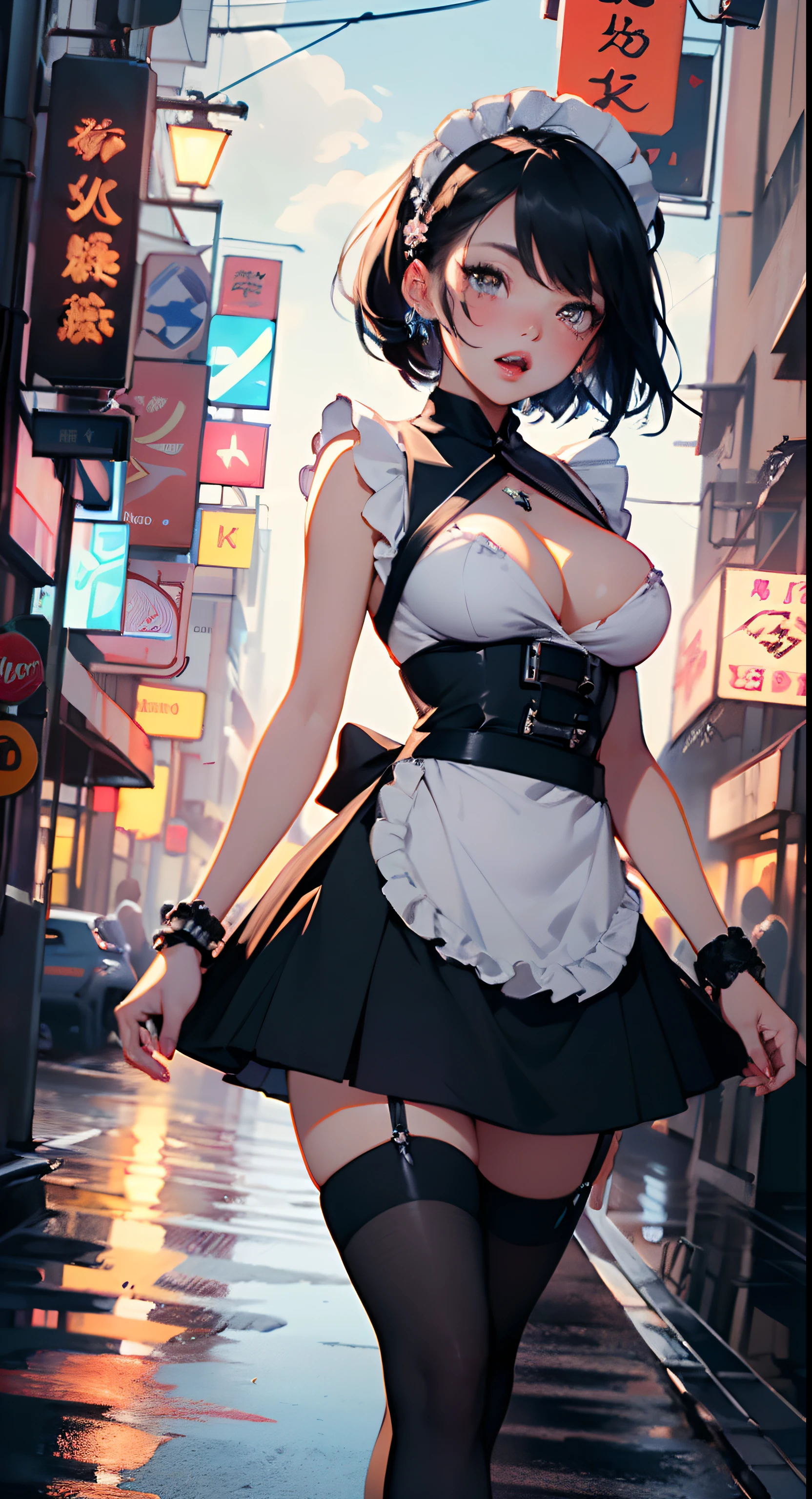 maid girl,(((1girl))),((anime maid girl with extremely cute and beautiful black hair walking seductively down the street)),

(large breasts:1.4),bountiful breasts,fluffy breasts,H cup bust,bust up,bulging bust top,(((black bob hair:1.35,colored inner hair,short hair,ear breathing))),((heterochromia,eye1 blue,eye2 purple,perfect eyes,upturned eyes:1.3,beautiful detailed eyes,finely detailed beautiful eyes:1,big highlight on eyes:1.2,slanted eyes)),((fat)),(((lustrous skin:1.5,bright skin: 1.5,skin tanned,shiny skin,very shiny skin,shiny body,plastic glitter skin,exaggerated shiny skin))),(spider lower abdomen,narrow waist,wide hip,athletic body,inflated legs,delicate detailed fingers,detailed body,detailed arms,human hands,(detailed face)),

cute,slutty,seductive,erotic,(((nsfw))),

zettai ryouiki,(maid headdress),maid uniform,Headdress,(maid),sleeveless,mini skirt,boots,cleavage cutout,bare legs,clothes with a lot of lace frills,(detailed outfit,detailed clothes),

(dynamic pose:1.0),solo focus,embarrassed,blush,sweat,((tears,open mouth)),moist eyes,centered,scale to fit dimensions,Rule of thirds,

outdoors,((night view)),(very pretty city neon synthwave,cyberpunk night street Background:1.5,dark sky,thick clouds),future vehicles,((neon lights)),thick clouds,(cyberpunk style,neon lights, (synthwave theme background), lonely street),(((detailed background:1.25))),

(best quality),(high resolution),(sharp focus),(ultra detailed),(extremely detailed),(extremely high quality artwork),8k_wallpaper,(extremely detailed CG 8k),(very fine 8K CG),((hyper super ultra detailed perfect piece)),flawless,(((masterpiece))),illustration,vibrant colors,(intricate),High contrast,Selective lighting,Double exposure,HDR (High Dynamic Range),Post-processing,Background blur,