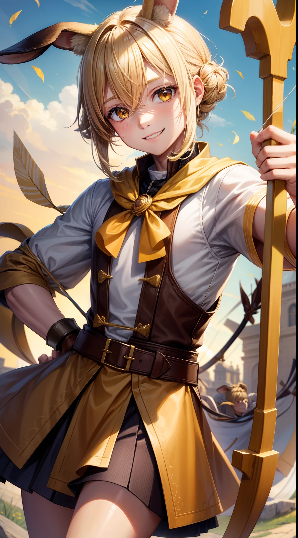 Young guy, blonde hair with brown strands, Yellow eyes, brown rabbit ears, Smile, Bow and arrow, Masterpiece, hiquality