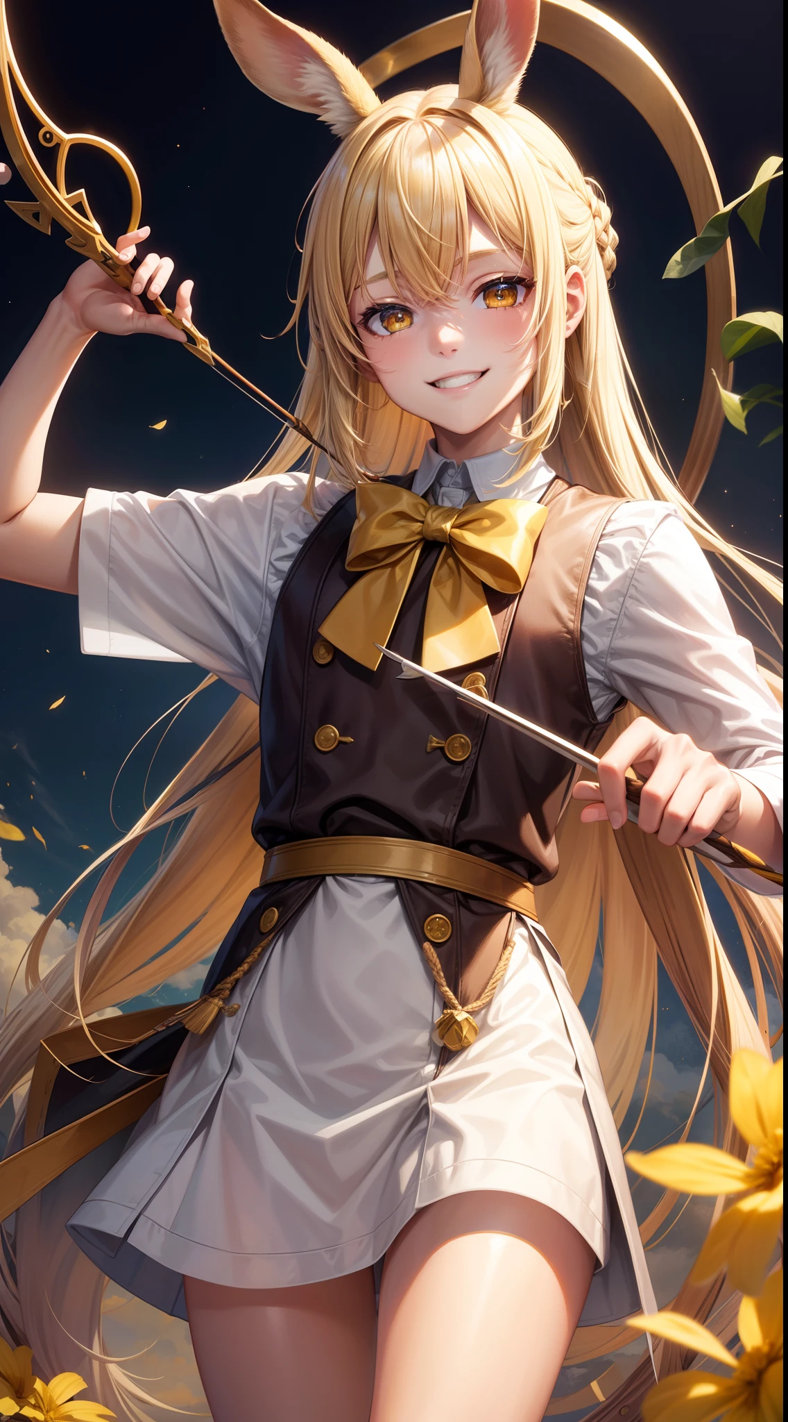 Young guy, blonde hair with brown strands, Yellow eyes, brown rabbit ears, Smile, Bow and arrow, Masterpiece, hiquality