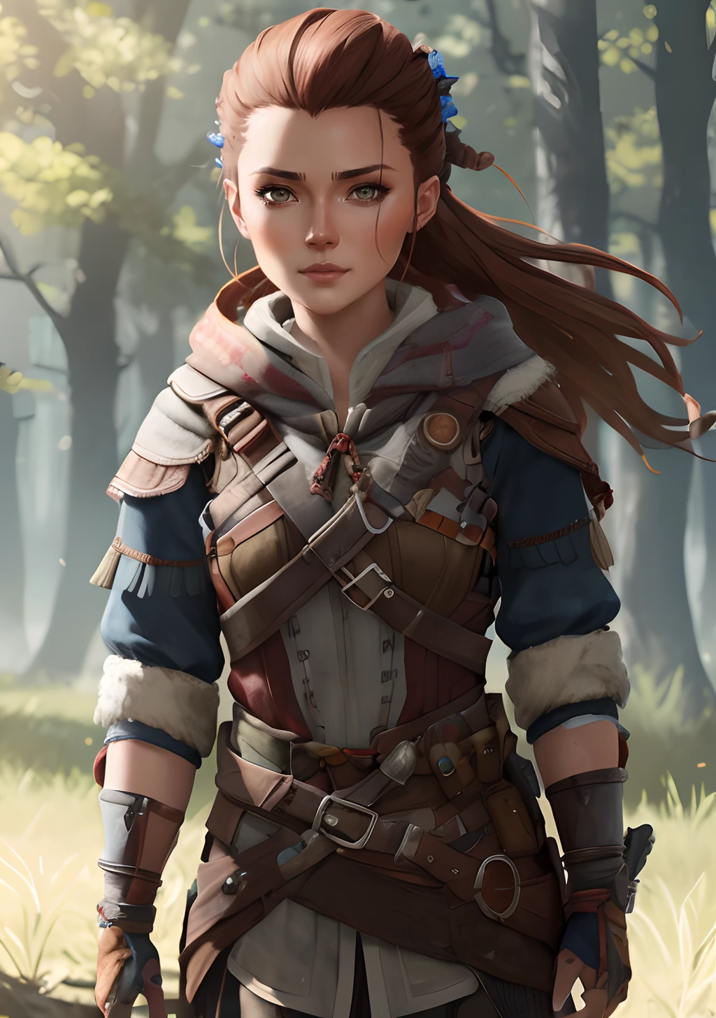 a close up of a woman in a brown outfit holding a sword, aloy, aloy from horizon: zero dawn, aloy from horizon zero dawn, wojtek fus, stunning character art, artwork in the style of guweiz, character art portrait, alexandra fomina artstation, detailed character art, detailed character portrait, female character, fantasy concept art portrait