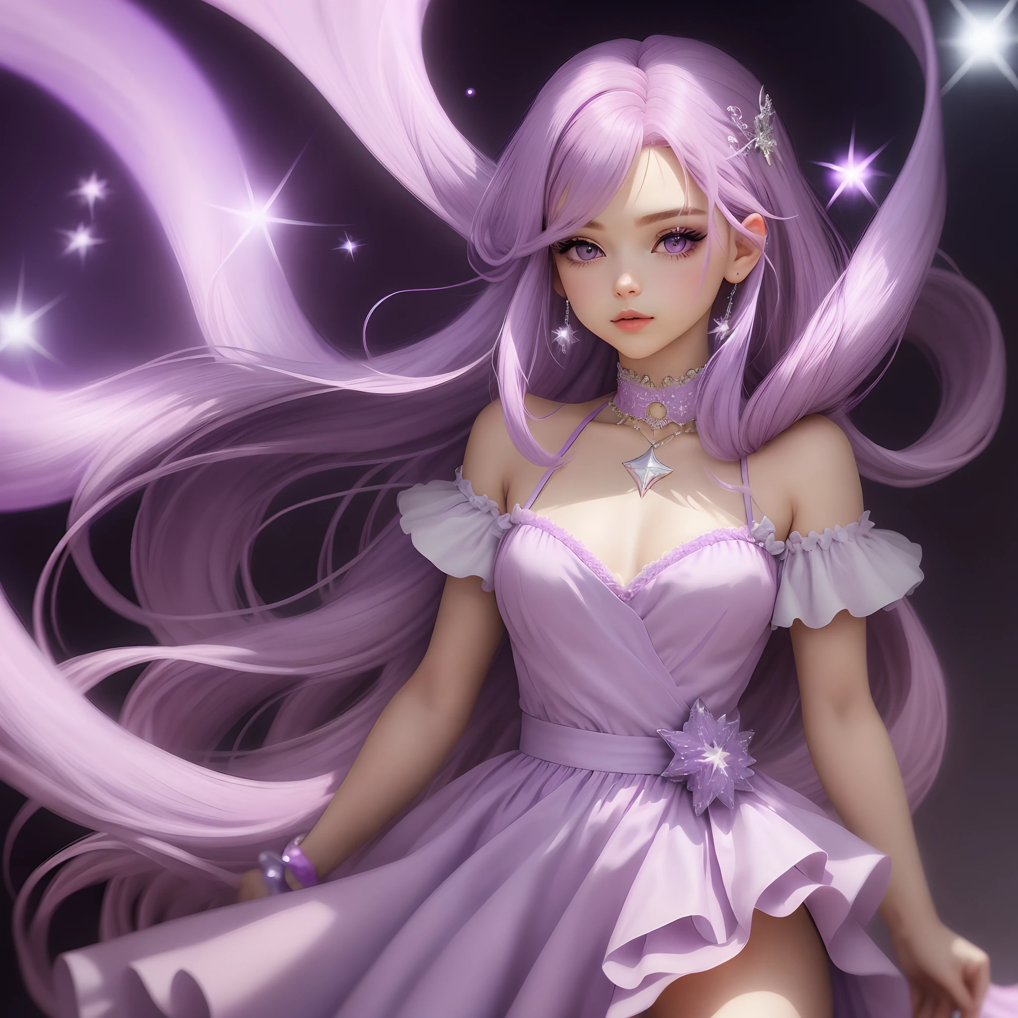 Create a character with the following characteristics:: Cor do cabelo: Pink with Lilac Locks Accessories: Um colar com um pingente de estrela. Cor dos olhos: um azul com roxo, and the other only lilac Clothing; Vestido lilas e azul com detalhes em prata. E uma coroa de princesa