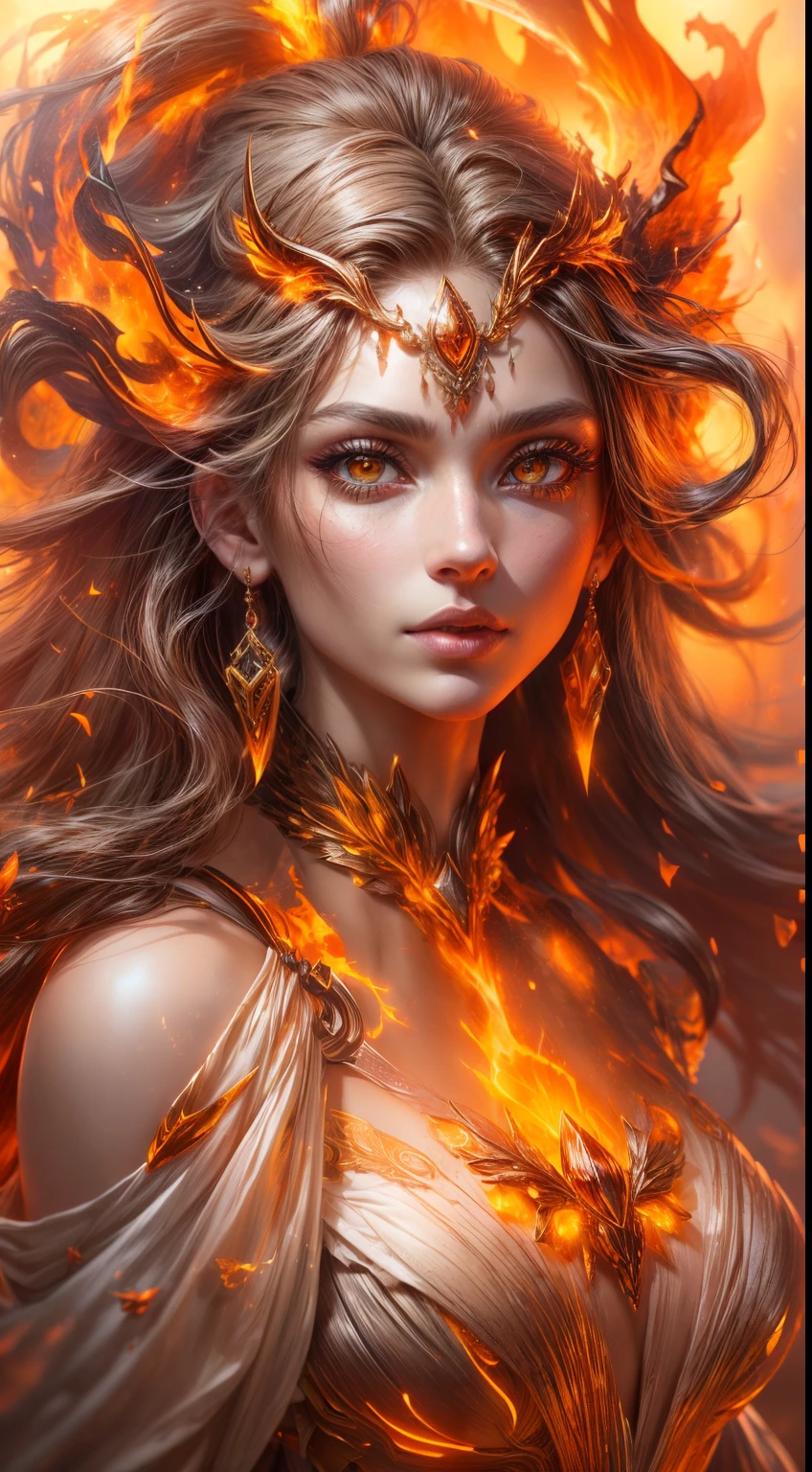 Generate a mesmerizing fire nymph with ornate clothing encrusted with orange gemstones and fire crystals. She should have 8k eyes, macro eyes, highly detailed eyes, extremely detailed eyes, bright clear eyes, and sharp eyes. Her face should be dynamic and her expression should be engaging. The flames should be all-encompassing and very hot and realistic and wispy. Include many fantasy details! The image should be ornate and ultra-detailed. ((The background should be highly detailed and interesting and enhance the overall fantasy and fiery ambiance of the image.)) Enhance intricate fiery details. Include glowing cinders and intricate flames and fire crystals and fire bumps. Viewers should feel like they are on fire when looking at the image.