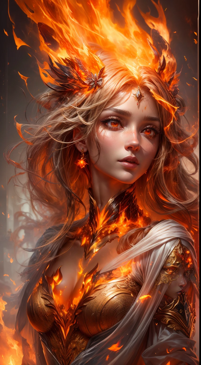 This is a realistic fantasy artwork prominently featuring realistic fire, including wisps of flames, glowing hot embers, subtle curls of smoke, and a beautiful fire druid. The druid stands in the midst of a raging inferno with an interesting composition. Her face is expertly sculpted, with elegant and refined features and perfect shading and realistic skin texture. Her (orange and gold eyes) are stunning and are the focal point of this image. (Her eyes extremely detailed, beautiful detailed eyes, and macro). Her eyes feature intricate detailing with clearly defined irises and bright sclera. Her soft lips are smooth and very puffy, and her skin is adorned with a light flush and ornate fire detailing. Her long gown is stunning and expensive, and is made of pure flames and glittering, ornate jewels that glimmer in the fire light. Her billowing gown glitters from the flames and features a delicately and intricately embroidered bodice with wisps of flames running across it. Include fantasy elements like bumps, stones, fiery iridescence, glowing embers, silk, and an interesting background. Include fiery magical creatures such as fiery birds and fiery butterflies that give off a magical and mystical aura. Lighting: Utilize the latest trends in lighting to enhance the artwork's beauty. Camera: Utilize dynamic composition to create a sense of urgency and excitement. Take inspiration from the current masters of the fantasy genre, including trending artists on Artstation and Midjourney. ((masterpiece))