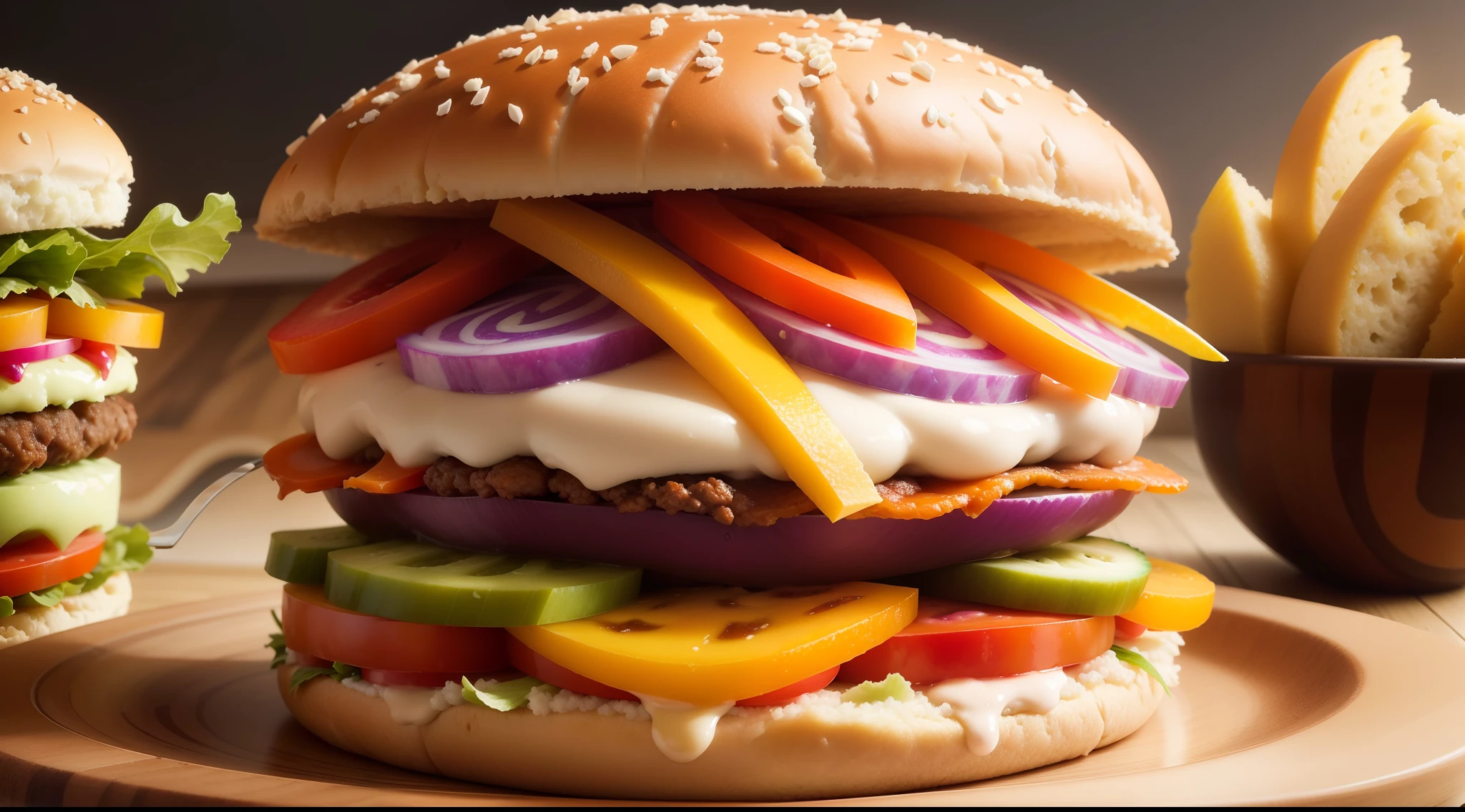 Crea una imagen que muestre un plato colorido y equilibrado lleno de alimentos saludables versus una hamburguesa con mucha grasa.
