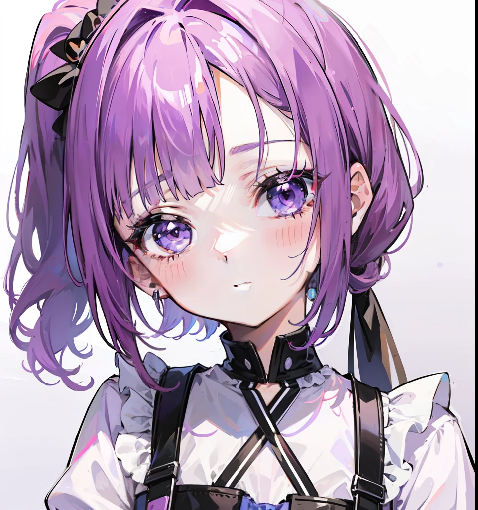 There are no bangs on the forehead,Magenta hair,Short double ponytail,Figure-eight bangs block the left and right sides of the face,Cute looking,Small face shape,Wearing a cute purple and white dress,This is a sweet girl type,Cute cute girl