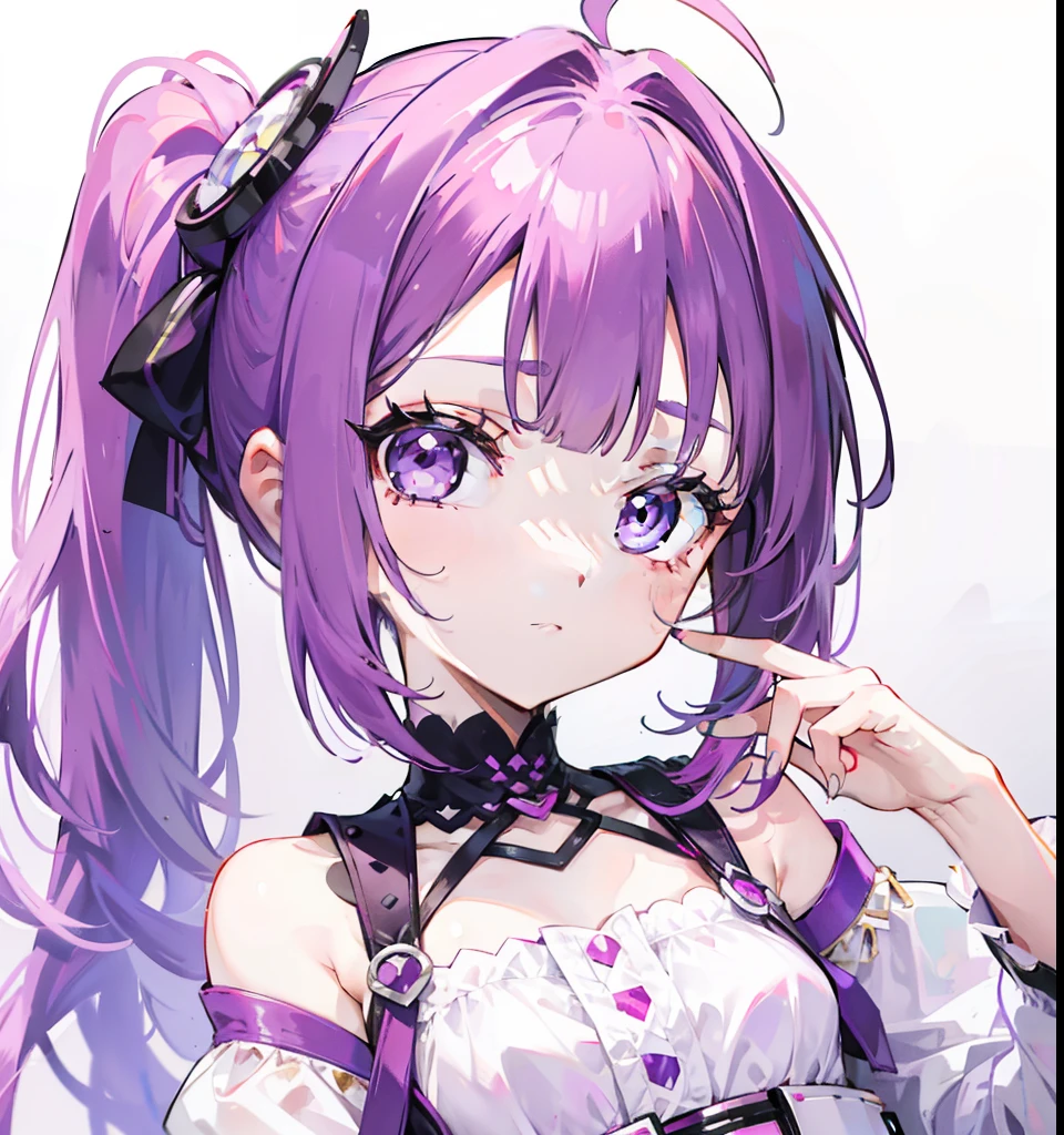 There are no bangs on the forehead，Magenta hair，Short double ponytail，Figure-eight bangs block the left and right sides of the face，Cute looking，Small face shape，Wearing a cute purple and white dress，This is a sweet girl loli type，Cute cute girl