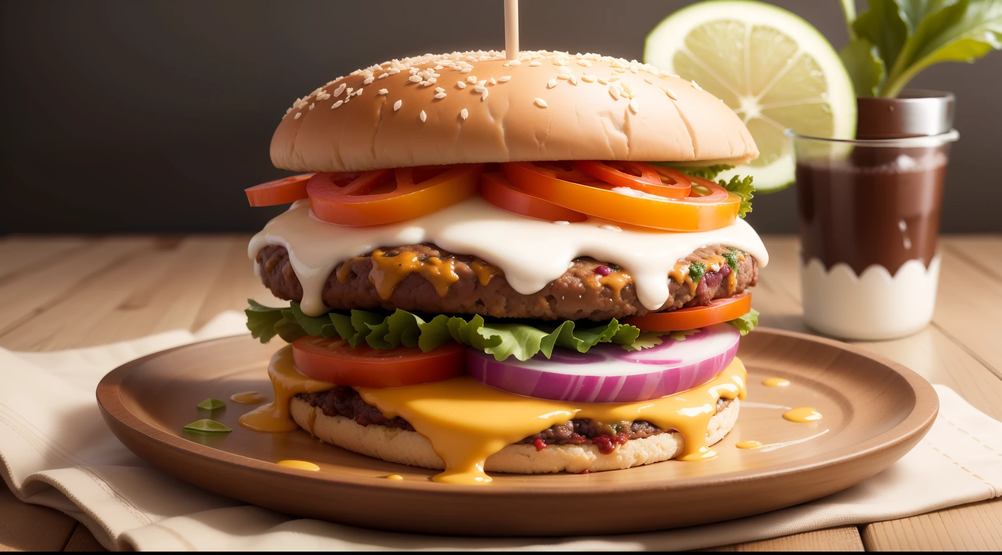 Crea una imagen que muestre un plato colorido y equilibrado lleno de alimentos saludables versus una hamburguesa con mucha grasa.
