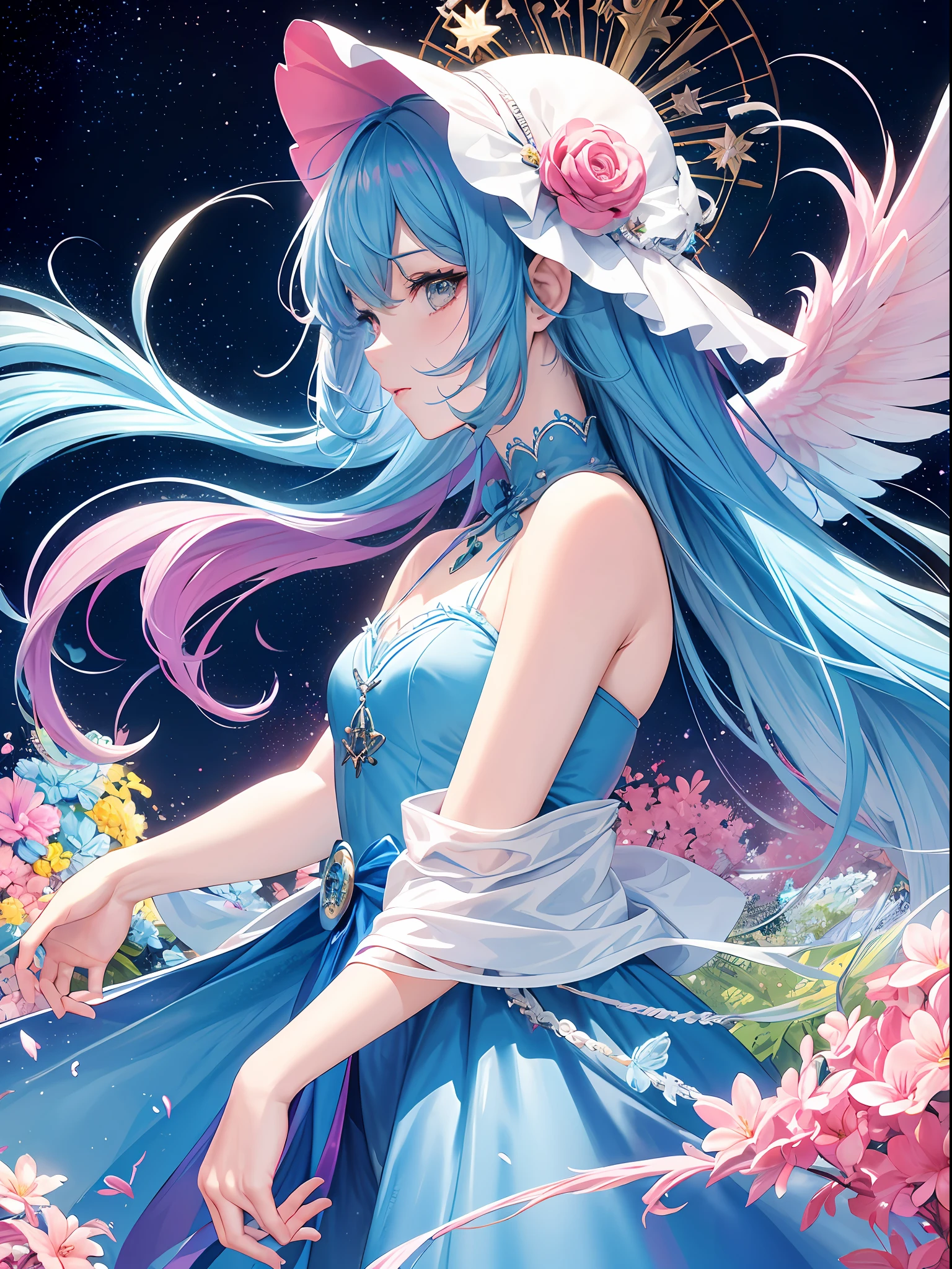 Masterpiece, {beauty},solo,1 girl, pink dress, fantastic hair, neon background white wings, cloud background, lake blue hair