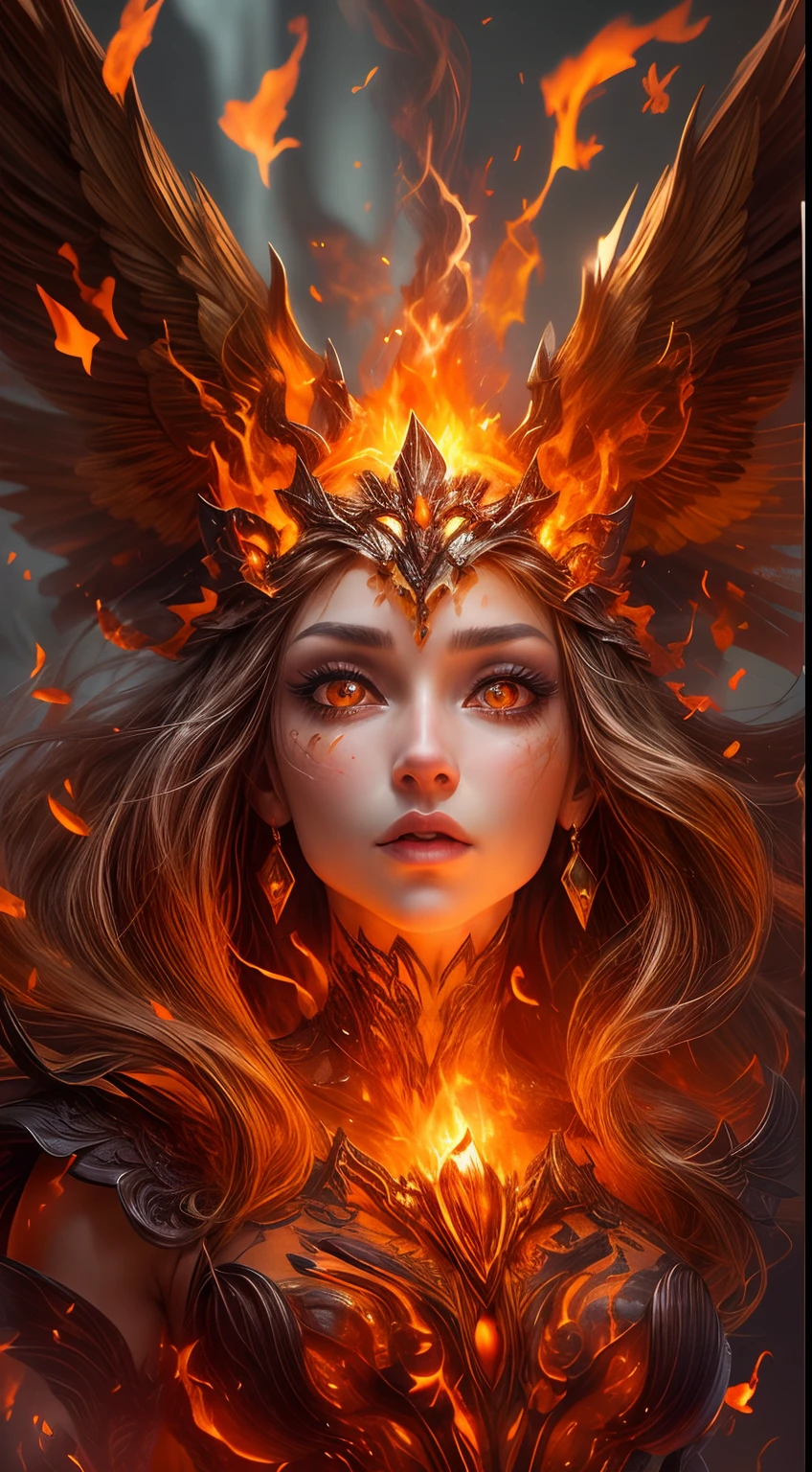 This is a realistic fantasy artwork prominently featuring realistic fire, including wisps of flames, glowing hot embers, subtle curls of smoke, and a beautiful fire druid. The druid stands in the midst of a raging inferno with an interesting composition. Her face is expertly sculpted, with elegant and refined features and perfect shading and realistic skin texture. Her (orange and gold eyes) are stunning and are the focal point of this image. (Her eyes extremely detailed, beautiful detailed eyes, and macro). Her eyes feature intricate detailing with clearly defined irises and bright sclera. Her soft lips are smooth and very puffy, and her skin is adorned with a light flush and ornate fire detailing. Her long gown is stunning and expensive, and is made of pure flames and glittering, ornate jewels that glimmer in the fire light. Her billowing gown glitters from the flames and features a delicately and intricately embroidered bodice with wisps of flames running across it. Include fantasy elements like bumps, stones, fiery iridescence, glowing embers, silk, and an interesting background. Include fiery magical creatures such as fiery birds and fiery butterflies that give off a magical and mystical aura. Lighting: Utilize the latest trends in lighting to enhance the artwork's beauty. Camera: Utilize dynamic composition to create a sense of urgency and excitement. Take inspiration from the current masters of the fantasy genre, including trending artists on Artstation and Midjourney. ((masterpiece))