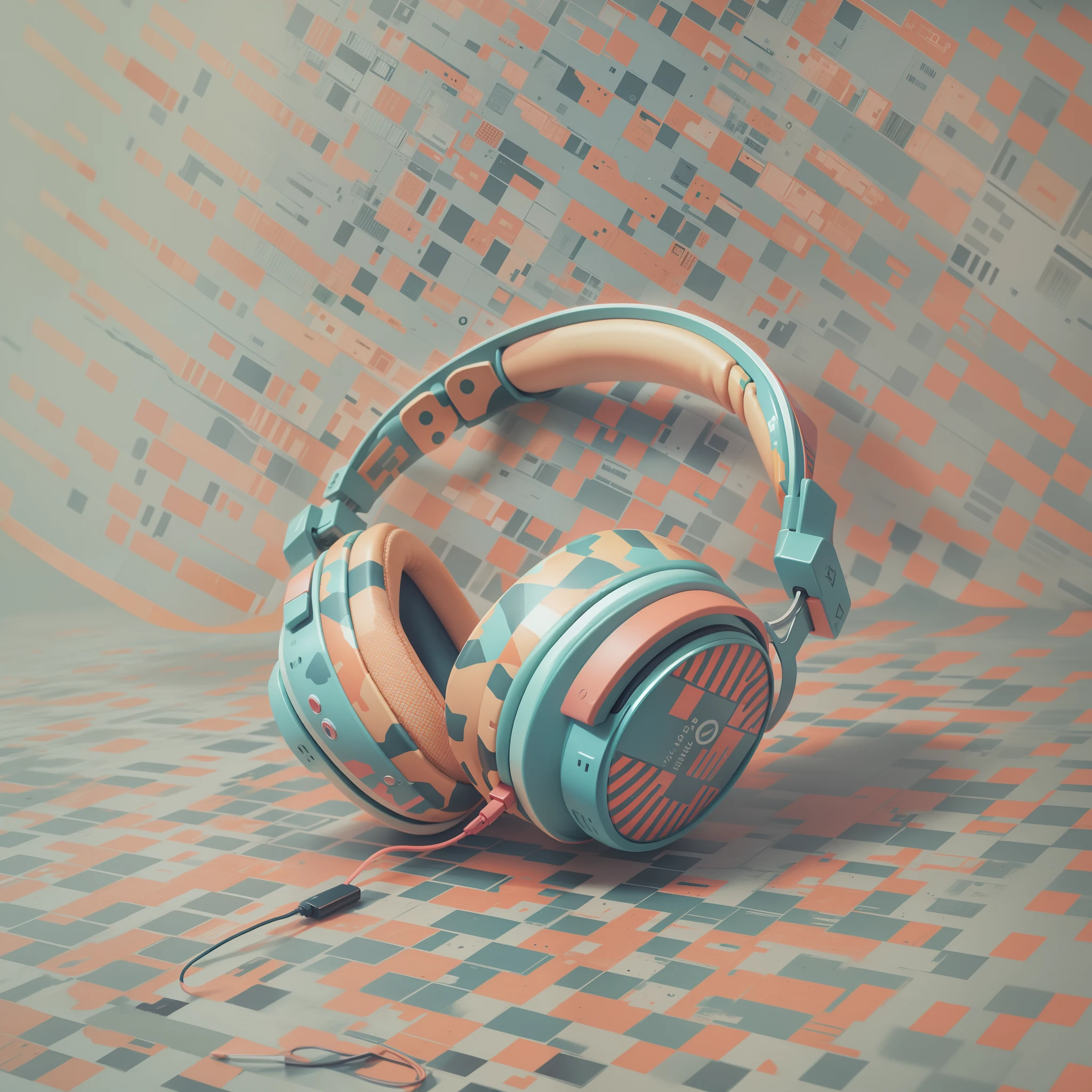 Patterned headphones on abstract empty surface