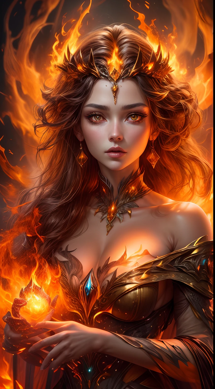 This is a realistic fantasy artwork prominently featuring realistic fire, including wisps of flames, glowing hot embers, subtle curls of smoke, and a beautiful fire druid. The druid stands in the midst of a raging inferno with an interesting composition. Her face is expertly sculpted, with elegant and refined features and perfect shading and realistic skin texture. Her (orange and gold eyes) are stunning and are the focal point of this image. (Her eyes extremely detailed, beautiful detailed eyes, and macro). Her eyes feature intricate detailing with clearly defined irises and bright sclera. Her soft lips are smooth and very puffy, and her skin is adorned with a light flush and ornate fire detailing. Her long gown is stunning and expensive, and is made of pure flames and glittering, ornate jewels that glimmer in the fire light. Her billowing gown glitters from the flames and features a delicately and intricately embroidered bodice with wisps of flames running across it. Include fantasy elements like bumps, stones, fiery iridescence, glowing embers, silk, and an interesting background. Include fiery magical creatures such as fiery birds and fiery butterflies that give off a magical and mystical aura. Lighting: Utilize the latest trends in lighting to enhance the artwork's beauty. Camera: Utilize dynamic composition to create a sense of urgency and excitement. Take inspiration from the current masters of the fantasy genre, including trending artists on Artstation and Midjourney. ((masterpiece))