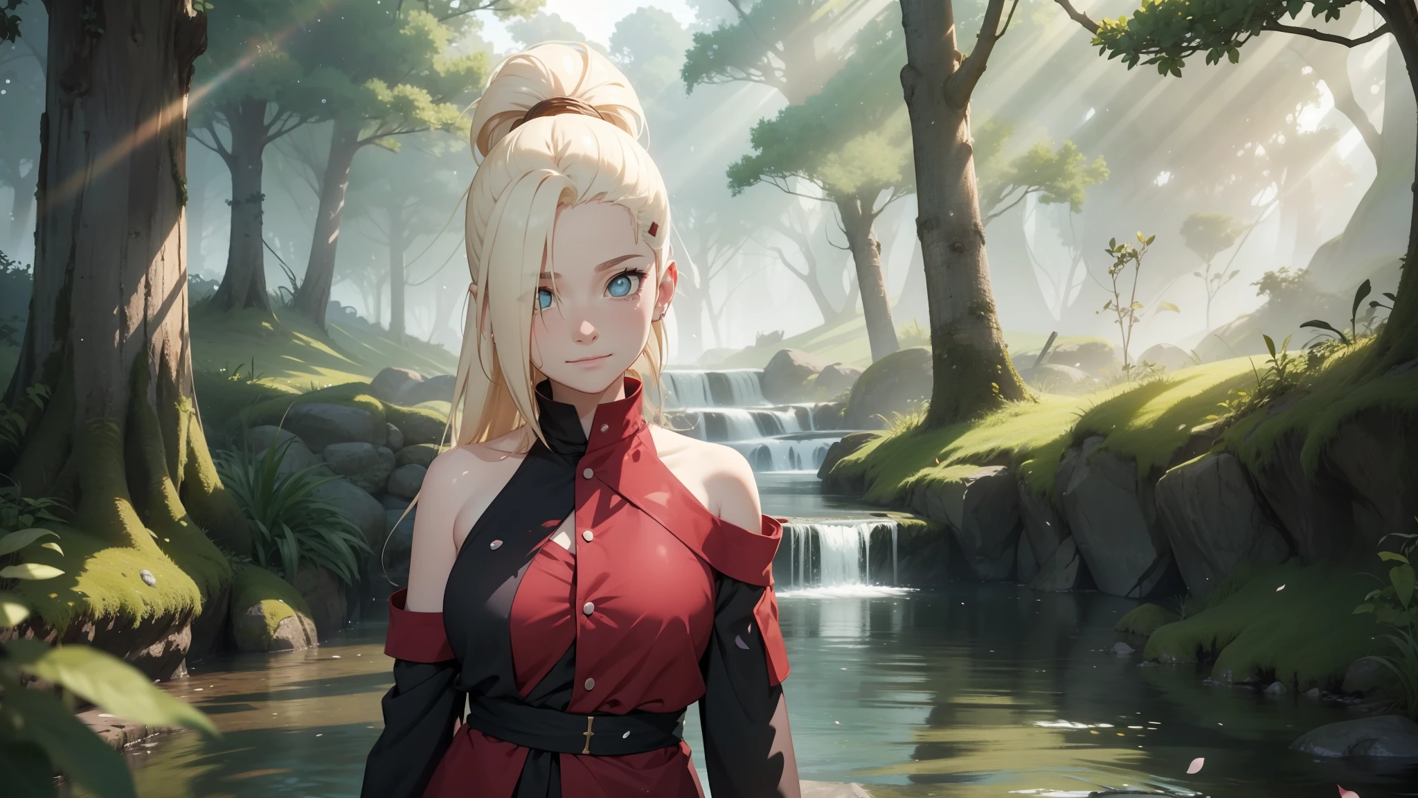 "the Extremely Detailed CG Unity 8K Wallpapers,tmasterpiece,Best picture quality,【😊Colored Forest,depth of fields,Lots of splashing droplets:1.2,petals,Toys surround,ventania,Foliage,grassy fields,volumettic light】blond hairbl,Be red in the face,ssmile,Half of your body is in water,naruto,Ino,Off-the-shoulder attire,bangs cover one eye