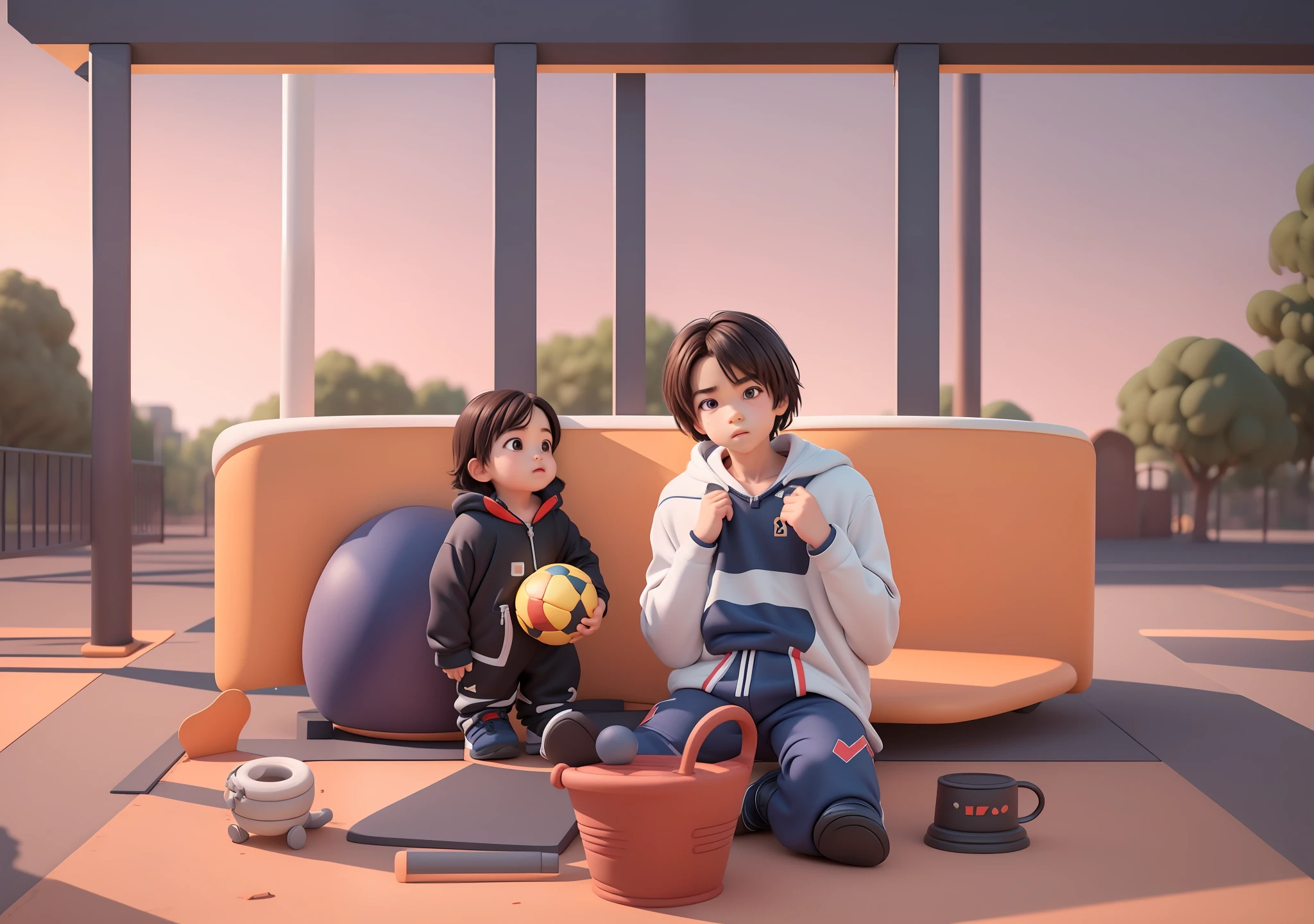 (Pixar 1.23 style) 1 boy ((upper body front, bust shot)), solo, cute kid, brunette, pretty tracksuit, boy, korean child, playground, ((masterpiece, highest quality)), (composite lighting)
