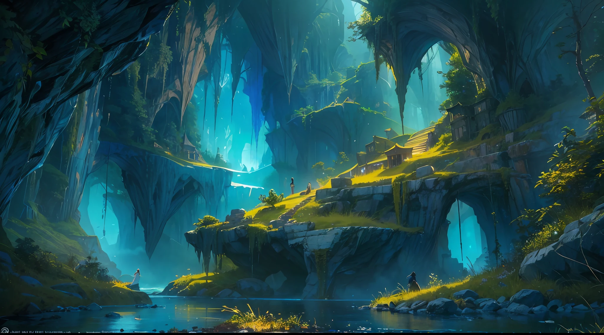 "(by Greg Rutkowski: 1.2), (masterpiece), (best quality), extremely delicate and beautiful, illustration, (fantasy landscape), A mesmerizing fantasy landscape with enchanting elements blending seamlessly. (Majestic crystal cave mine), adorned with vibrant blue hue glow reflecting off the surroundings. A sense of tranquility and wonder fills the air, inviting exploration and discovery, depth of field, HDR, intricate, delicate"