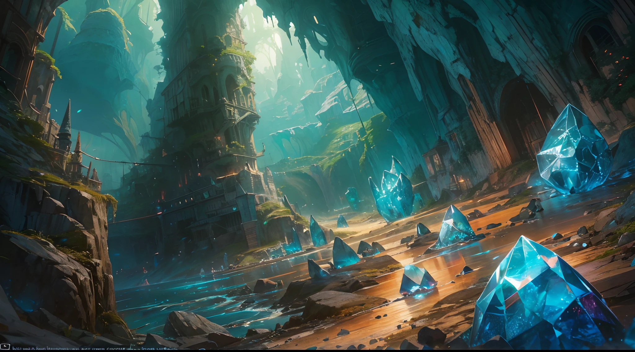 "(by Greg Rutkowski: 1.2), (masterpiece), (best quality), extremely delicate and beautiful, illustration, (fantasy landscape), A mesmerizing fantasy landscape with enchanting elements blending seamlessly. (Majestic crystal cave mine), adorned with vibrant blue hue glow reflecting off the surroundings. A sense of tranquility and wonder fills the air, inviting exploration and discovery, depth of field, HDR, intricate, delicate"