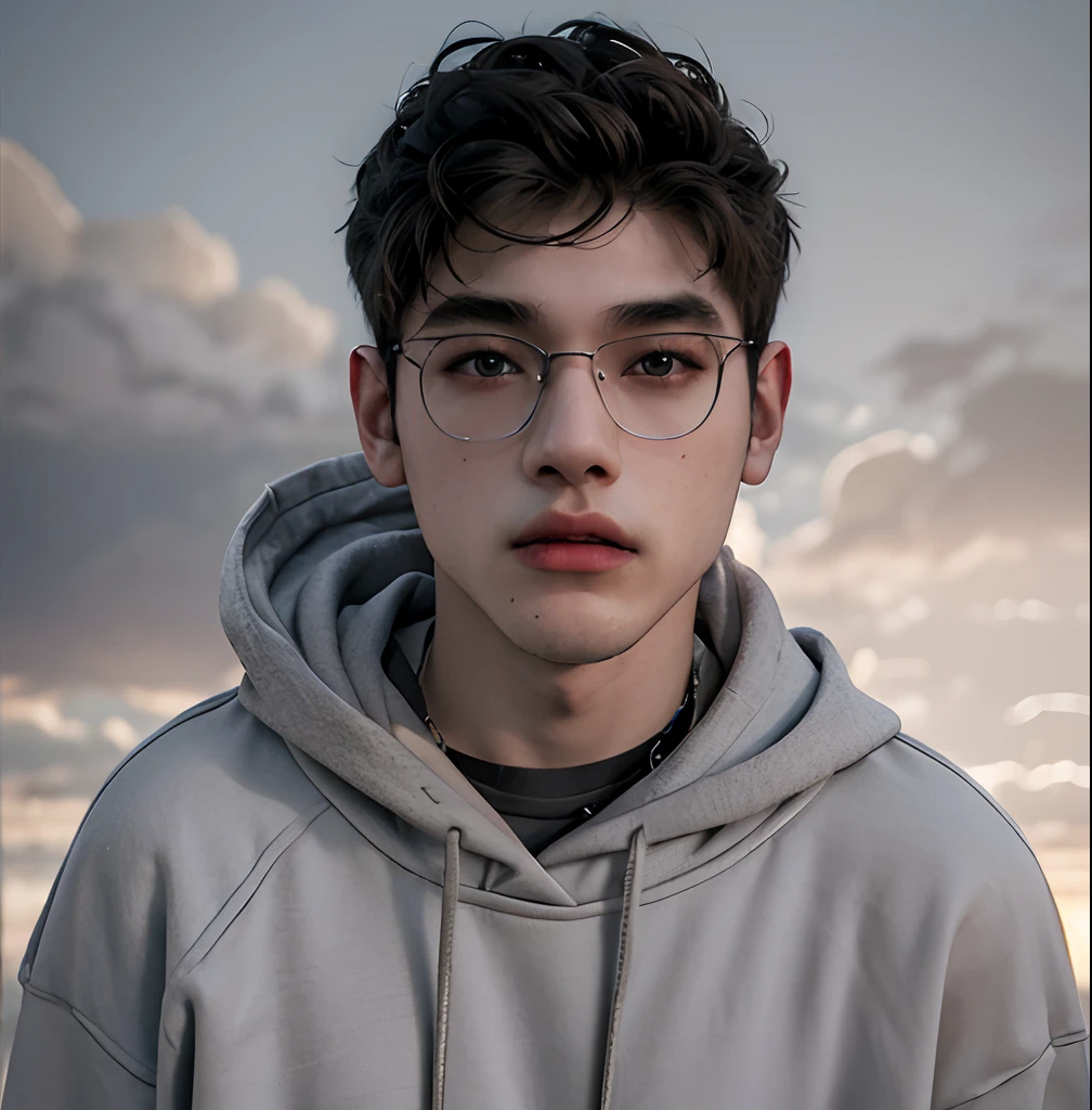 (masterpiece:1.2), (best quality:1.2), hyper realistic,highestres,absurdres,extremely detailed,volumetic,dramatic lighting,(frontal view),
20 year old boy,face,detailed eyes, gray hoodie, black t-shirt, with background ((sky))