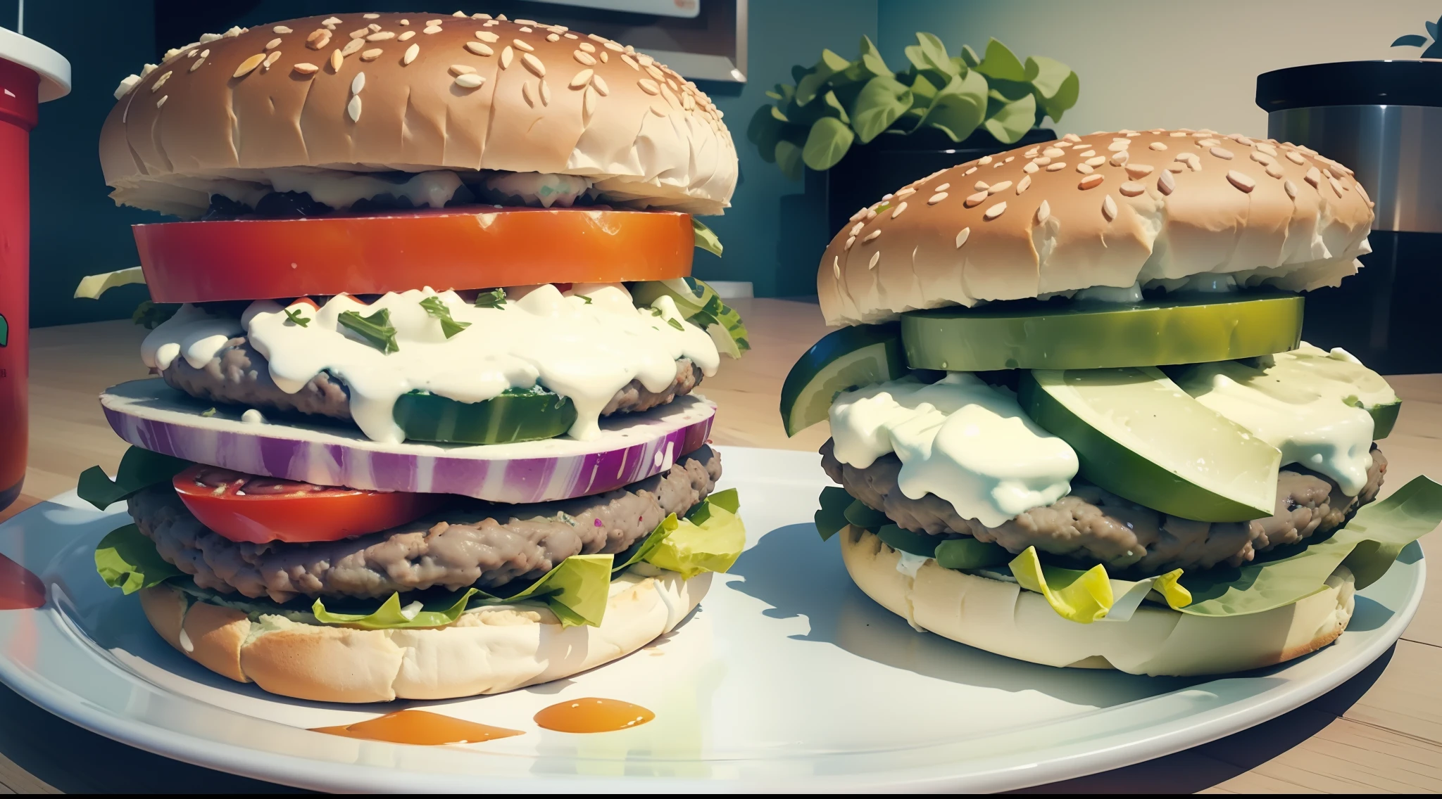 Crea una imagen que muestre un plato colorido y equilibrado lleno de alimentos saludables versus una hamburguesa con mucha grasa.