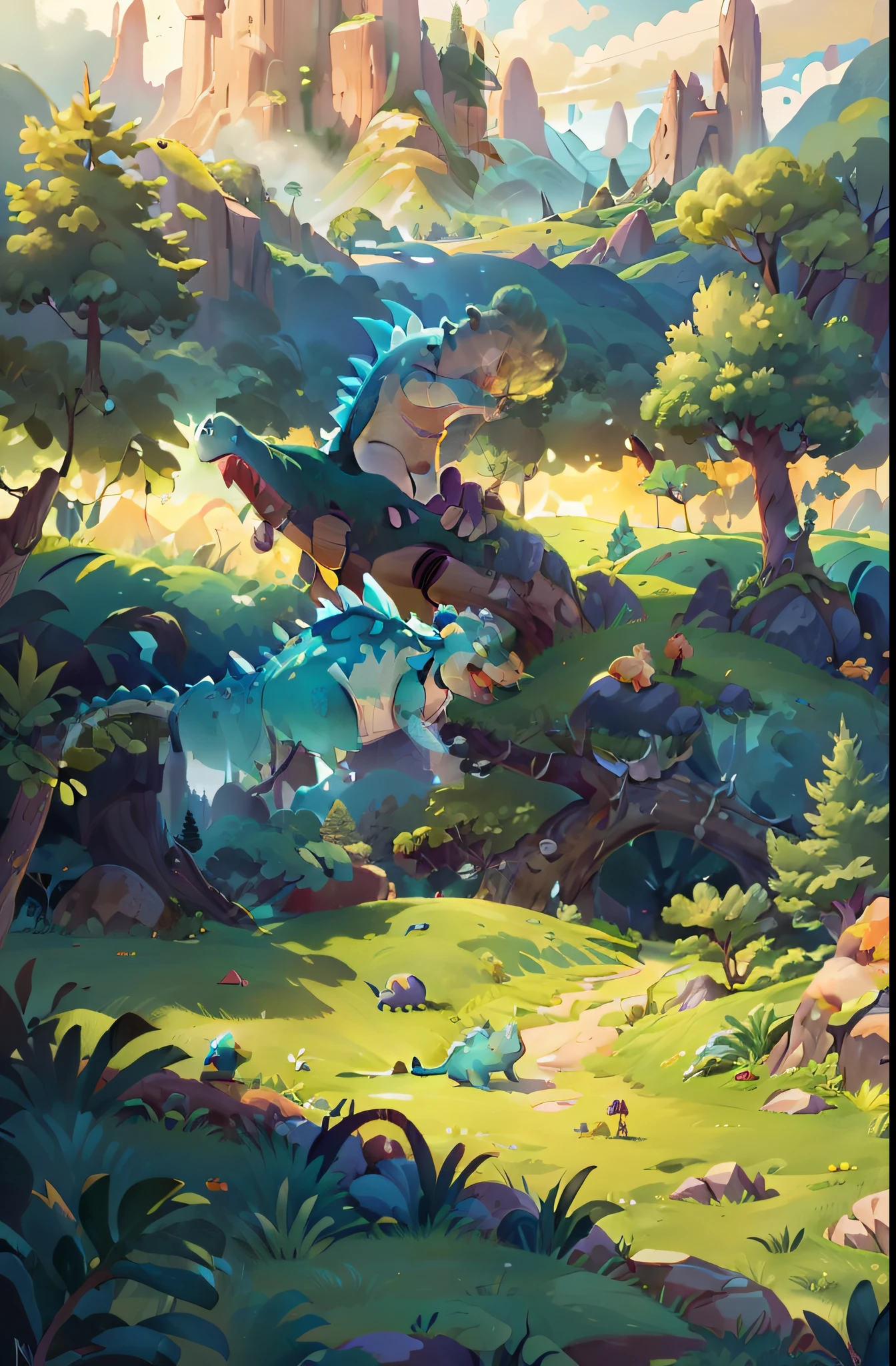 illustration，Cartoon drawing，Flat style illustration，Children's drawing，dinosaurs，A plant，The tree，big trees，Small tree，Age of Dinosaurs，Prehistoric giant tree，Prehistoric behemoths，Rich composition，A variety of dinosaurs，Ecological diversity，Rich environment，over distances，group portraits，Natural grassland，volcanoes，sunraise，Landscape coloring page with flora and fauna, Radiant，epic，Magnificent，Chao yang， coloring book page, colouring - in sheet, Coloring book outline, coloring page, full page illustration, line art colouring page, full page illustration, coloring page, coloring page, Detailed 2D illustration, clean coloring book page, coloring page, “a dinosaur market, detailed digital illustration, Official illustration, cartoon style, 3D, 8k, HDR, high definition, cinematic grain.