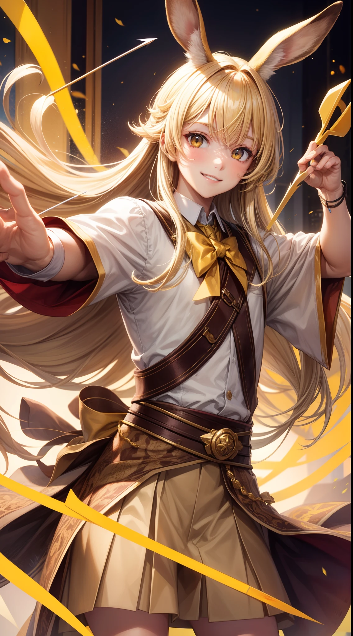 Young guy, blonde hair with brown strands, Yellow eyes, brown rabbit ears, Smile, Bow and arrow, Masterpiece, hiquality