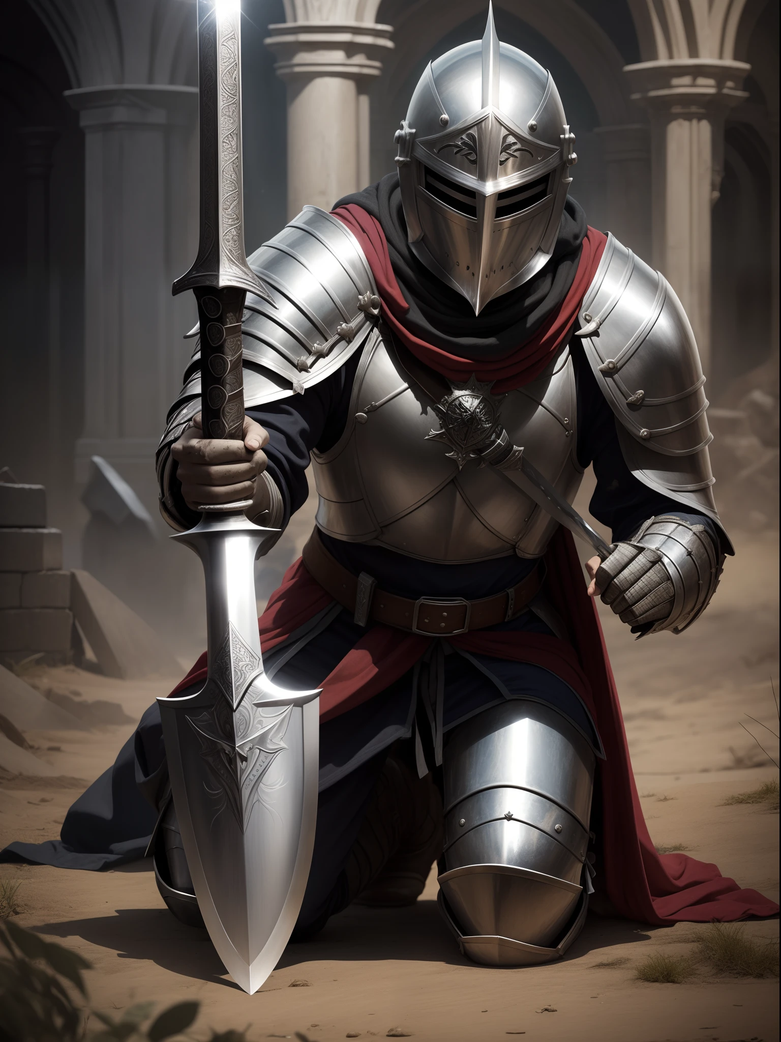 Vibrant realistic photo Knight Templar kneeling on sword, armor, helmet, battle scenery, dirty