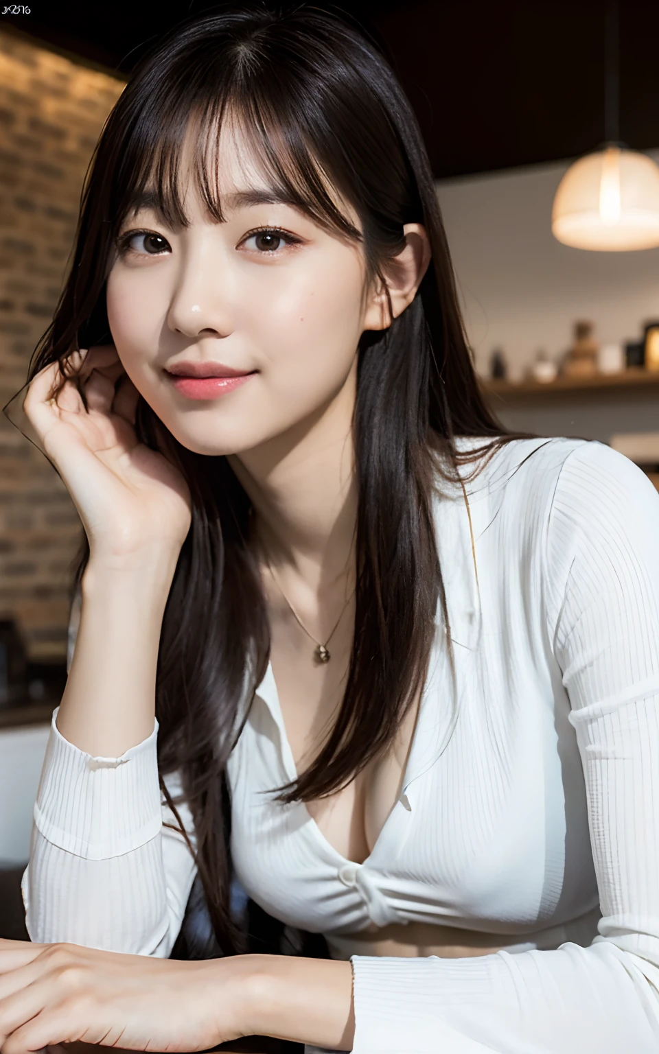(8k, RAW photo, top quality, masterpiece: 1.2), (realistic, photorealistic: 1.37), super detail, ultra high resolution, pio apple, one girl, look viewer, smile, beautiful detailed eyes, floating hair, bangs, skin texture, narrow waist, slim waist, (curve: 0.4), belly button, leg, movie lighting, professional lighting, light face, café, coffee drinking