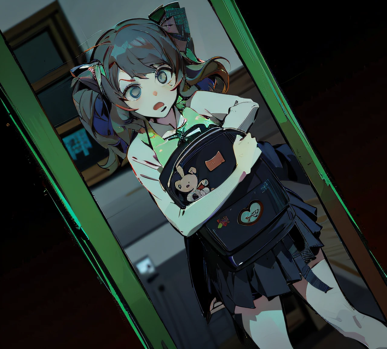 Anime girl with backpack standing in doorway of house with green door, chiaki nanami from danganronpa, anya from spy x family, digital art from danganronpa, Today's featured anime stills, persona 5 art style wlop, from girls frontline, junko enoshima from danganronpa, Fine details. Girl Front