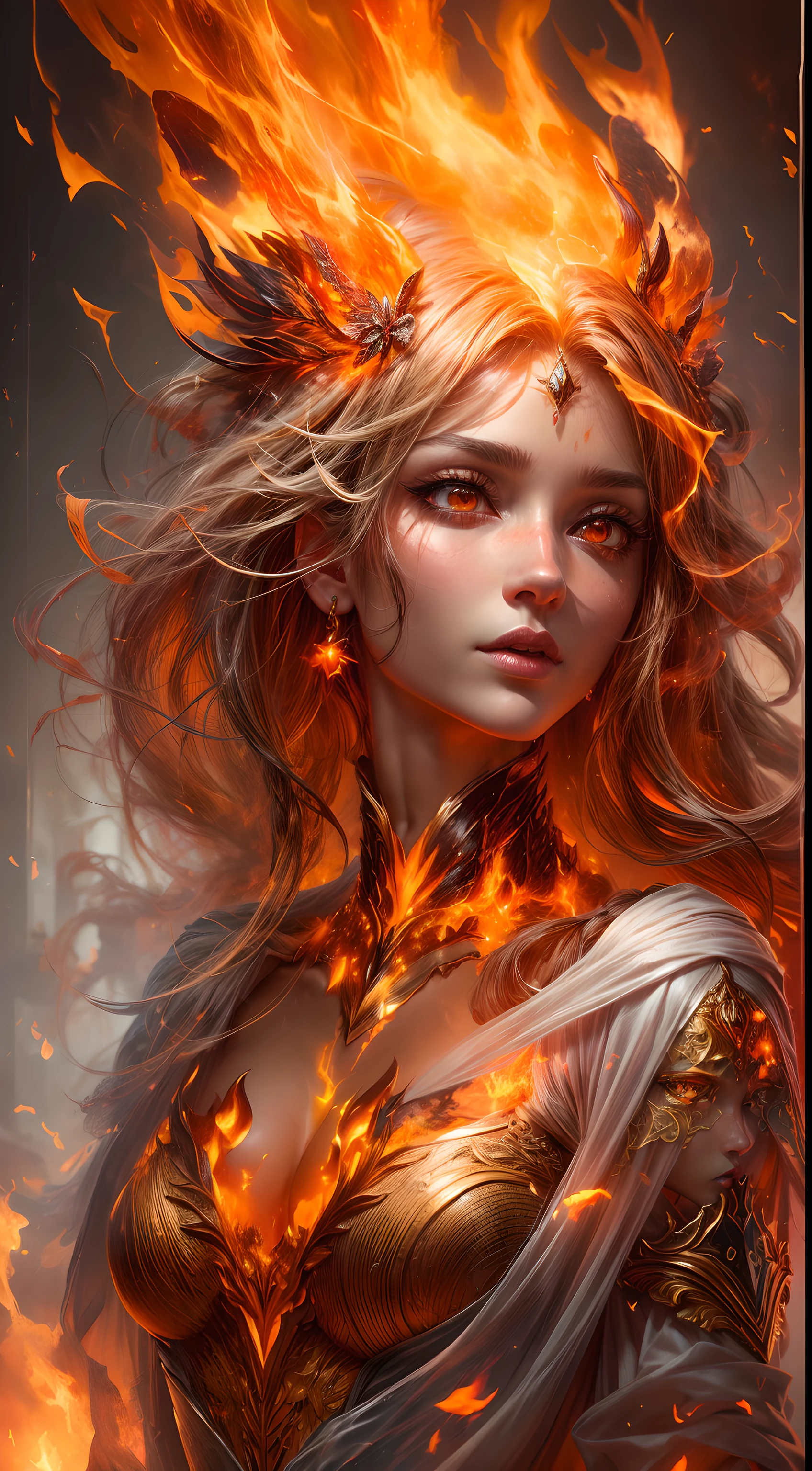 This is a realistic fantasy artwork prominently featuring realistic fire, including wisps of flames, glowing hot embers, subtle curls of smoke, and a beautiful fire druid. The druid stands in the midst of a raging inferno with an interesting composition. Her face is expertly sculpted, with elegant and refined features and perfect shading and realistic skin texture. Her (orange and gold eyes) are stunning and are the focal point of this image. (Her eyes extremely detailed, beautiful detailed eyes, and macro). Her eyes feature intricate detailing with clearly defined irises and bright sclera. Her soft lips are smooth and very puffy, and her skin is adorned with a light flush and ornate fire detailing. Her long gown is stunning and expensive, and is made of pure flames and glittering, ornate jewels that glimmer in the fire light. Her billowing gown glitters from the flames and features a delicately and intricately embroidered bodice with wisps of flames running across it. Include fantasy elements like bumps, stones, fiery iridescence, glowing embers, silk, and an interesting background. Include fiery magical creatures such as fiery birds and fiery butterflies that give off a magical and mystical aura. Lighting: Utilize the latest trends in lighting to enhance the artwork's beauty. Camera: Utilize dynamic composition to create a sense of urgency and excitement. Take inspiration from the current masters of the fantasy genre, including trending artists on Artstation and Midjourney. ((masterpiece))