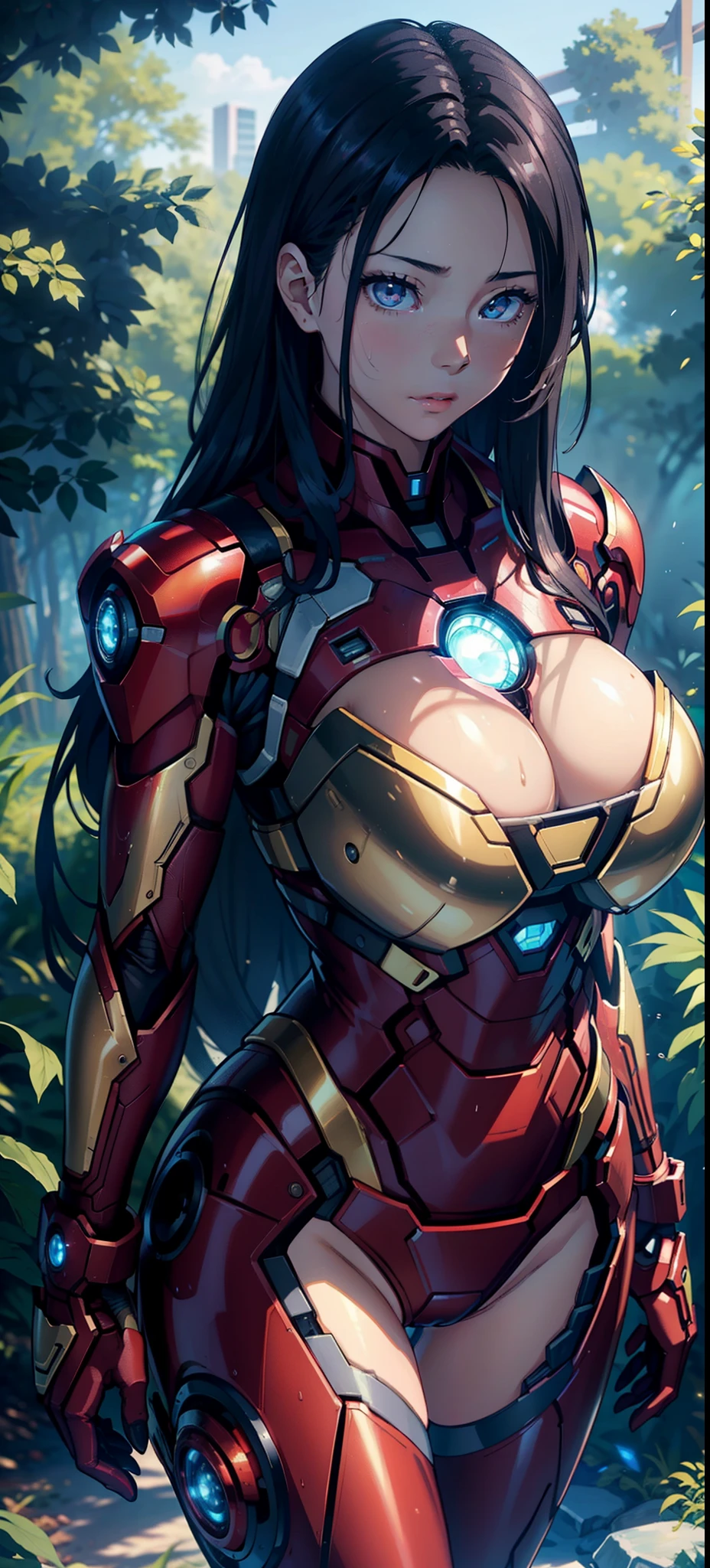1female,ar old,Huge breasts, 独奏,Iron Man, Put on a golden Iron Man uniform,cyber punk style, Pornographic exposure,ln the forest, She has long flowing black hair, Bare genitalia,Sateen,Bigchest, From the front side, Wet straight hair, Sweating profusely,mostly cloudy sky,(tmasterpiece),(Very detailed CG unity 8K wallpaper),best qualtiy,cinmatic lighting,detailed back ground,beatiful detailed eyes,Bright pupils,(Very fine and beautiful),(Beautiful and detailed eye description),ultra - detailed,facing at camera,A high resolution,ultra - detailed),Very long hair,standing on your feet,Emotive expressions,Open-mouthed,Chest sagging,nakeness, Expose the genitals,revealing breasts,Camel toes,with no underpants,extremely large bosom,Extremely colorful,Most detailed,fully body photo,The face is well lit(The whole body is like 1.4)