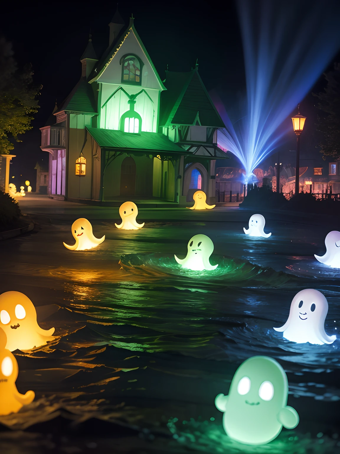 Masterpiece, Best quality, haunted theme park, haunted by chibi ghosts, Cute, Whimsical, Glow, Glowing, fun, Silly, mistic