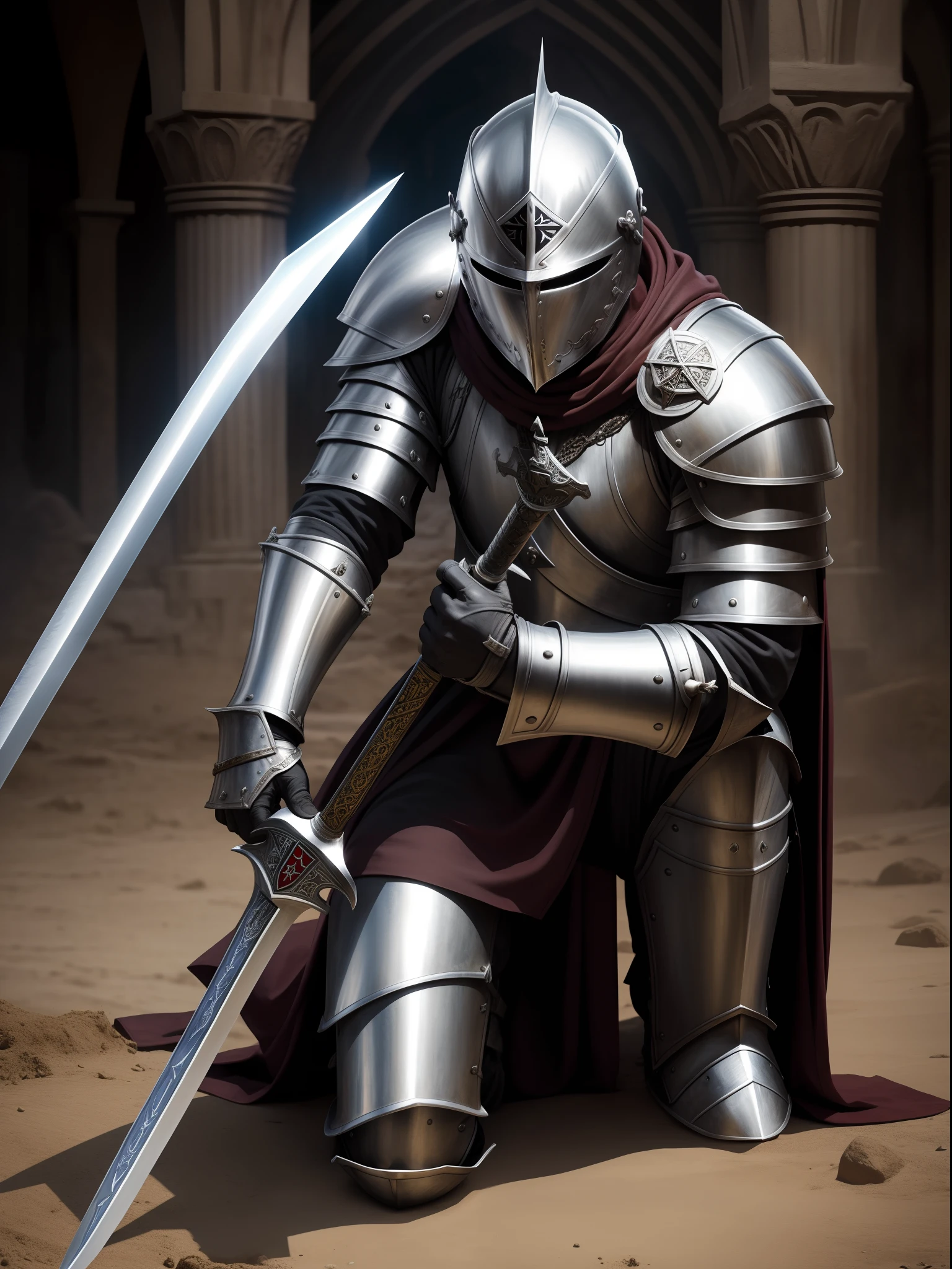 Vibrant realistic photo Knight Templar kneeling on sword, armor, helmet, battle scenery, dirty