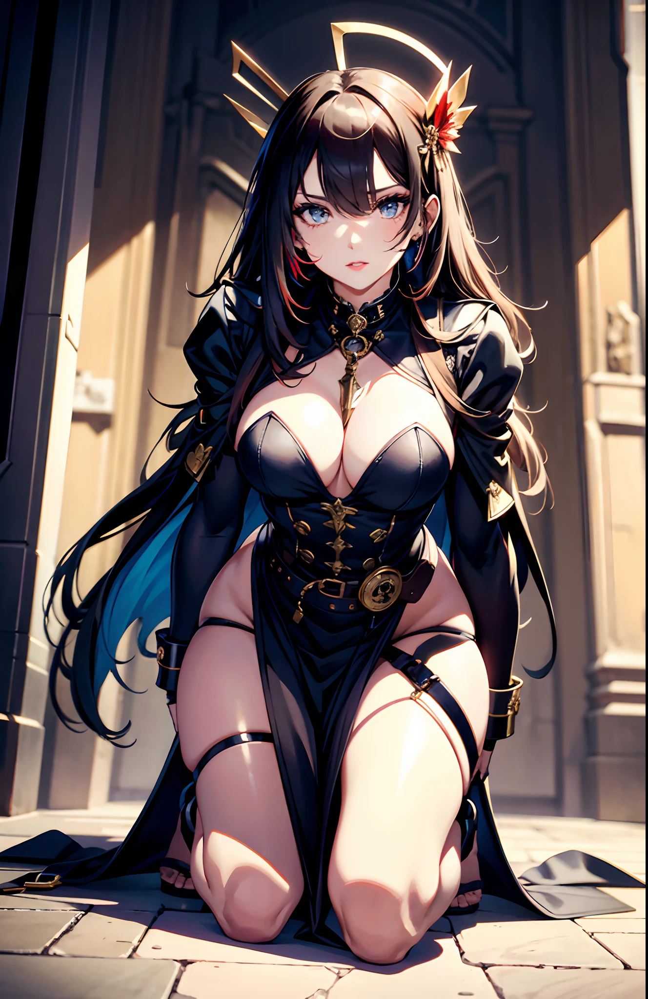 best qualityer,tmasterpiece,Ultimate resolution,downy,Extremely colorful,mature pretty woman,(Kneeling pose)(Point at you with your ass),Upper body nudity,(Guillotine,decapitation),Beauty severed head,Normal posture,Redlip,shackle,guillotine,behead,Collar,handcuff,Anklets,Normal posture