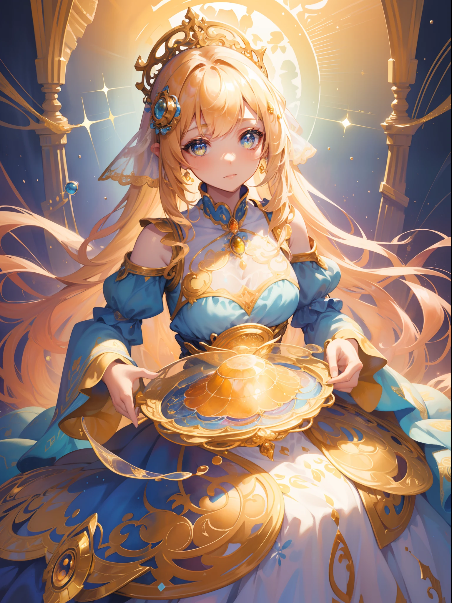masterpiece, best quality, 8k resolution, sharp focus, intricate detail, beautiful girl, sparkling eyes, golden ratio face, otherworldly liquid, watercolor, warm colors, bright colors, whimsical, colorful, sharp focus, high resolution, fine detail, ((layered tiered puffy long sleeves ballgown)), ((round eyes)), iridescent bubbles, fantasia background